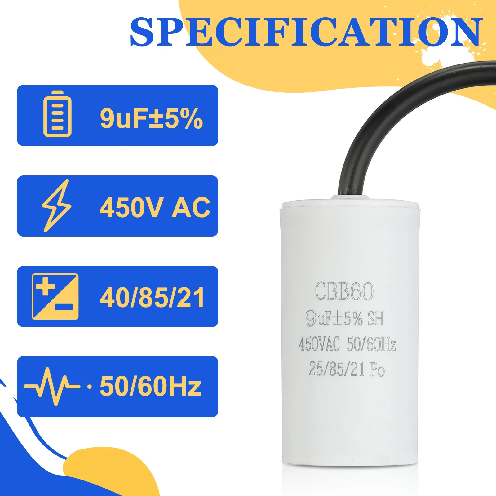 Uxcell 2Pcs CBB60 Run Capacitor 9uf 450V AC 2 Wires 50/60Hz Cylinder 65x34mm White - Image 4