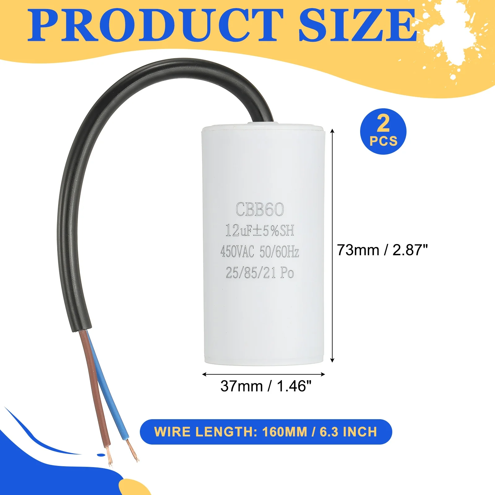 Uxcell 2Pcs CBB60 Run Capacitor 12uf 450V AC 2 Wires 50/60Hz Cylinder 73x37mm White - Image 2