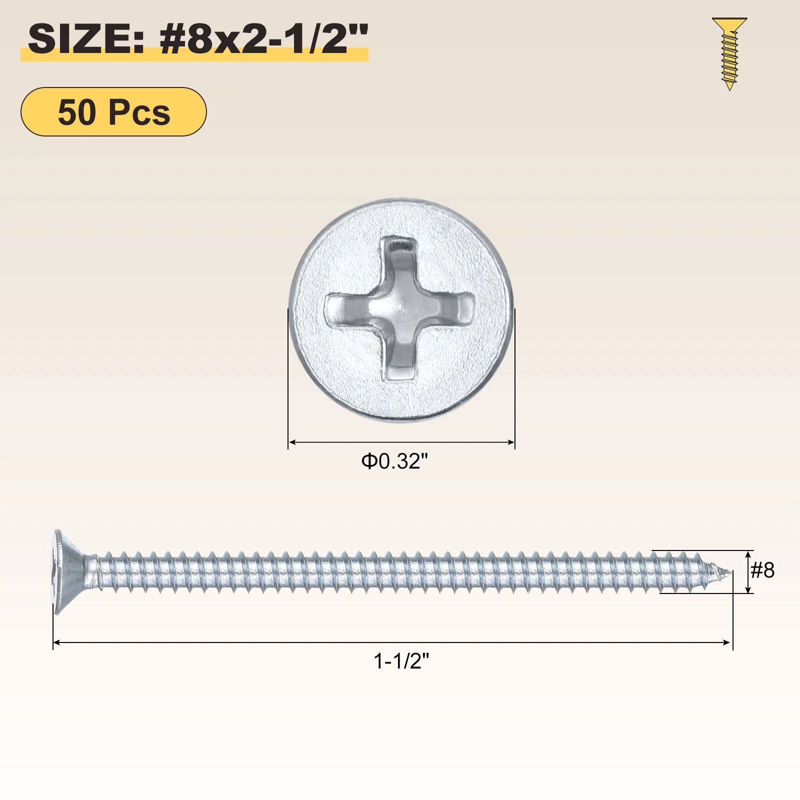 Cross Recessed Wood Screw (#8x2-1/2") 50Pcs, Carbon Steel, Bluish-white - Image 2