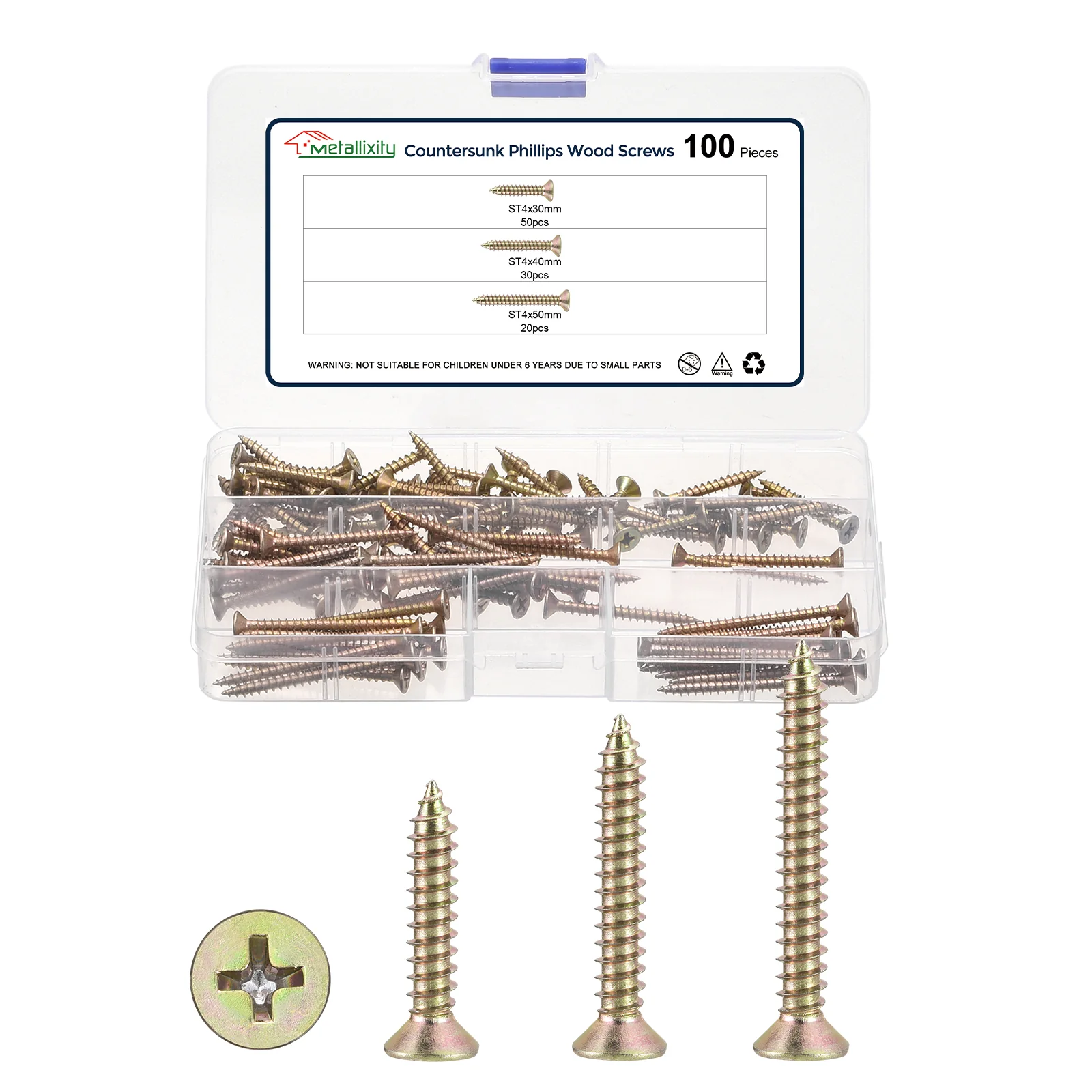Cross Recessed Wood Screw ST4x30/40/50mm 100Pcs, Carbon Steel, Color