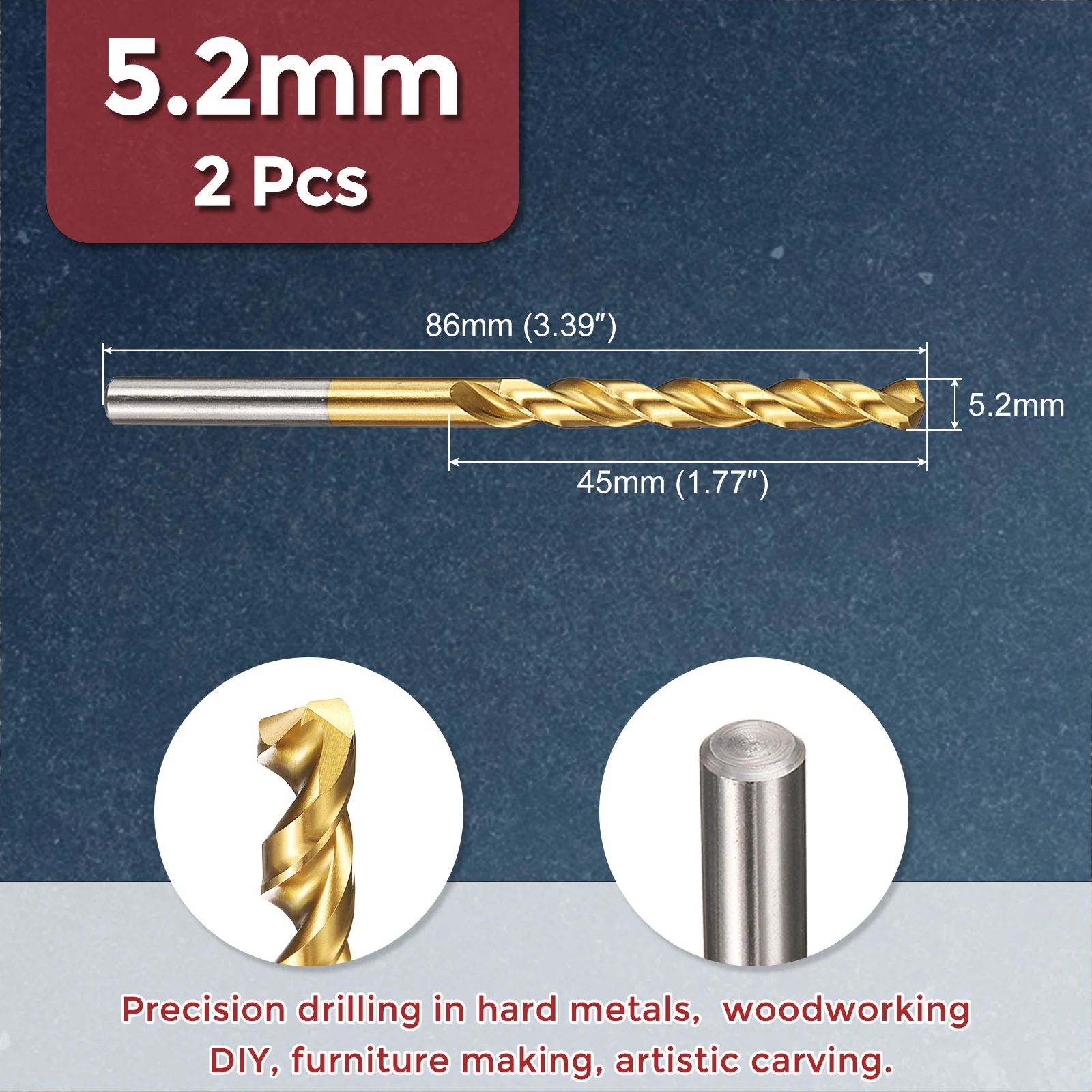 2pcs Drill Bit - 5.2mm HSS Cobalt TiN for Woodworking Handicraft Use - Image 2