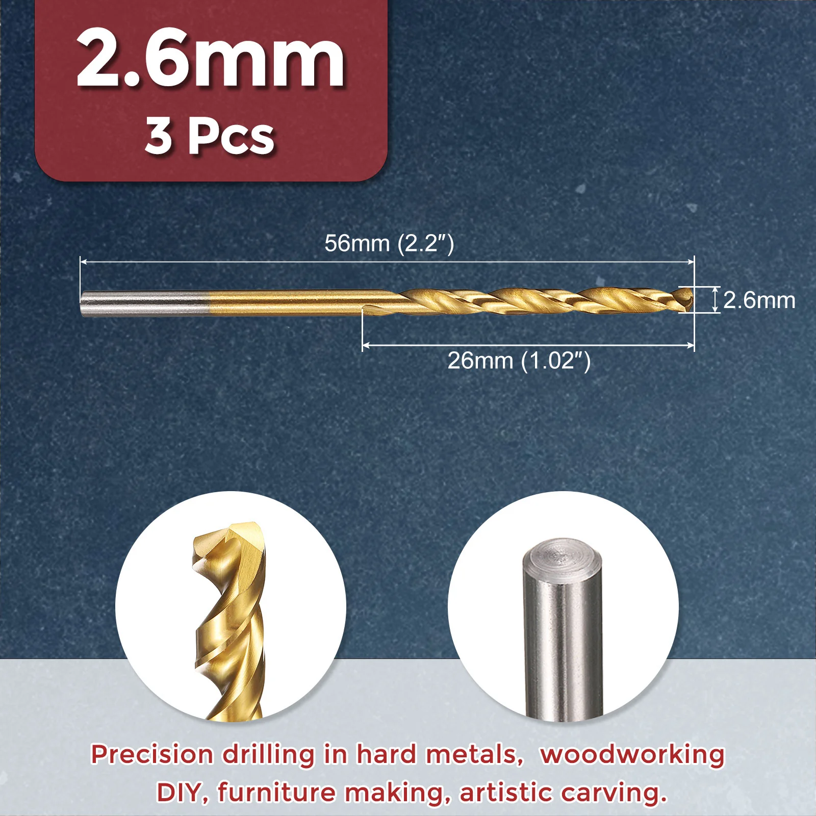 3pcs Drill Bit - 2.6mm HSS Cobalt TiN for Woodworking Handicraft Use - Image 2