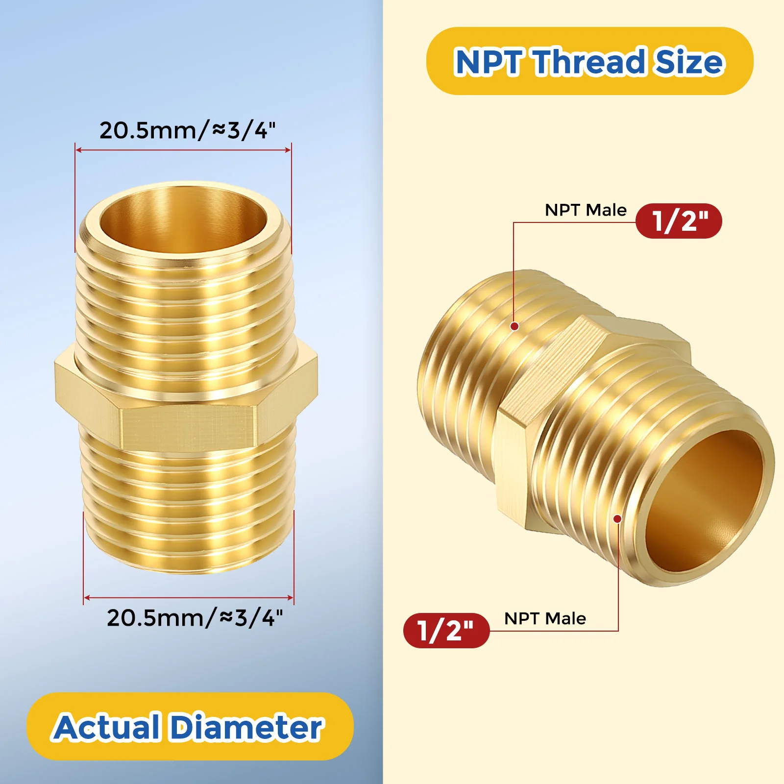 10 Pack Brass Pipe Fittings, 1/2" MNPT to 1/2" MNPT Hex Nipple W/ Sealing Tape - Image 2