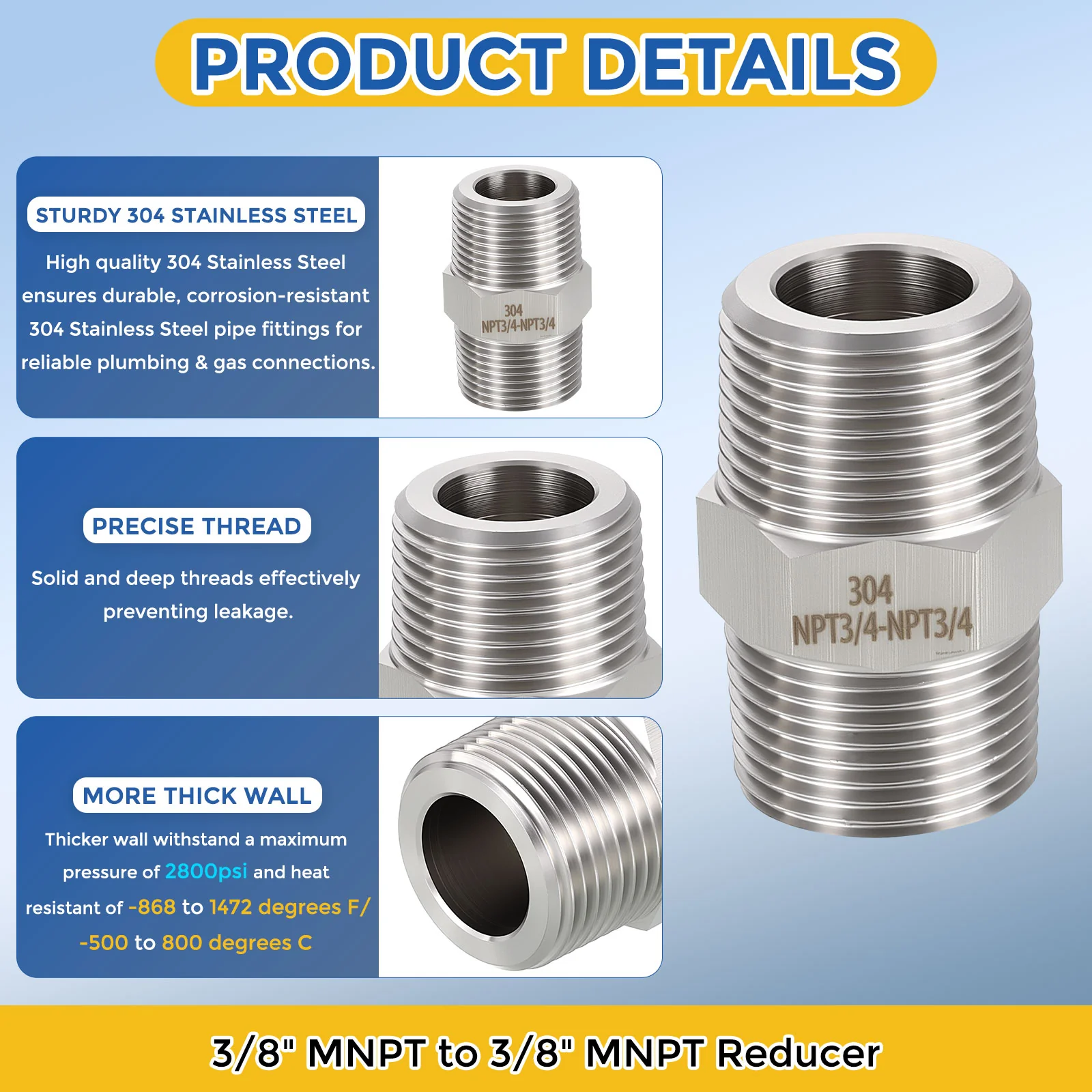 5 Pack 304 Stainless Pipe Fittings,3/8" MNPT to 3/8" MNPT Reducer W/Sealing Tape - Image 4