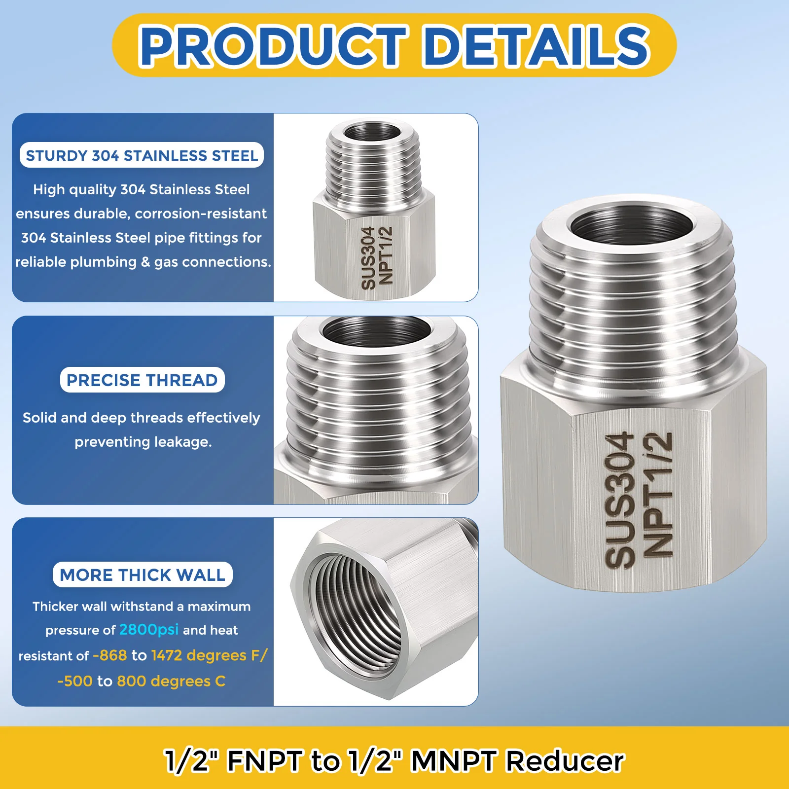 10Pack 304 Stainless Pipe Fitting, 1/2" FNPT x 1/2" MNPT Reducer W/ Sealing Tape - Image 4