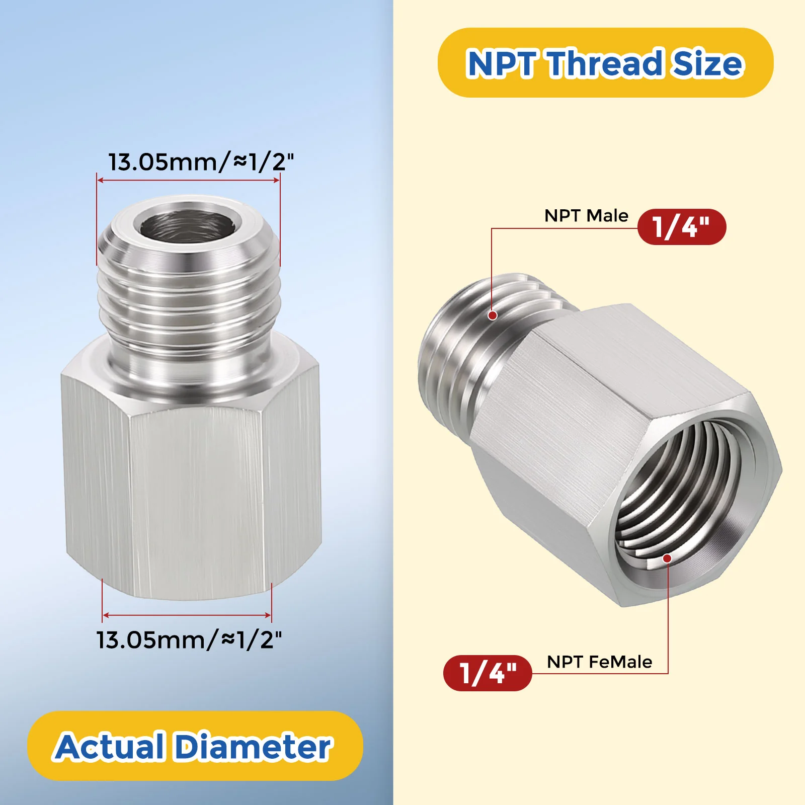 10Pack 304 Stainless Pipe Fitting, 1/4" FNPT x 1/4" MNPT Reducer W/ Sealing Tape - Image 2