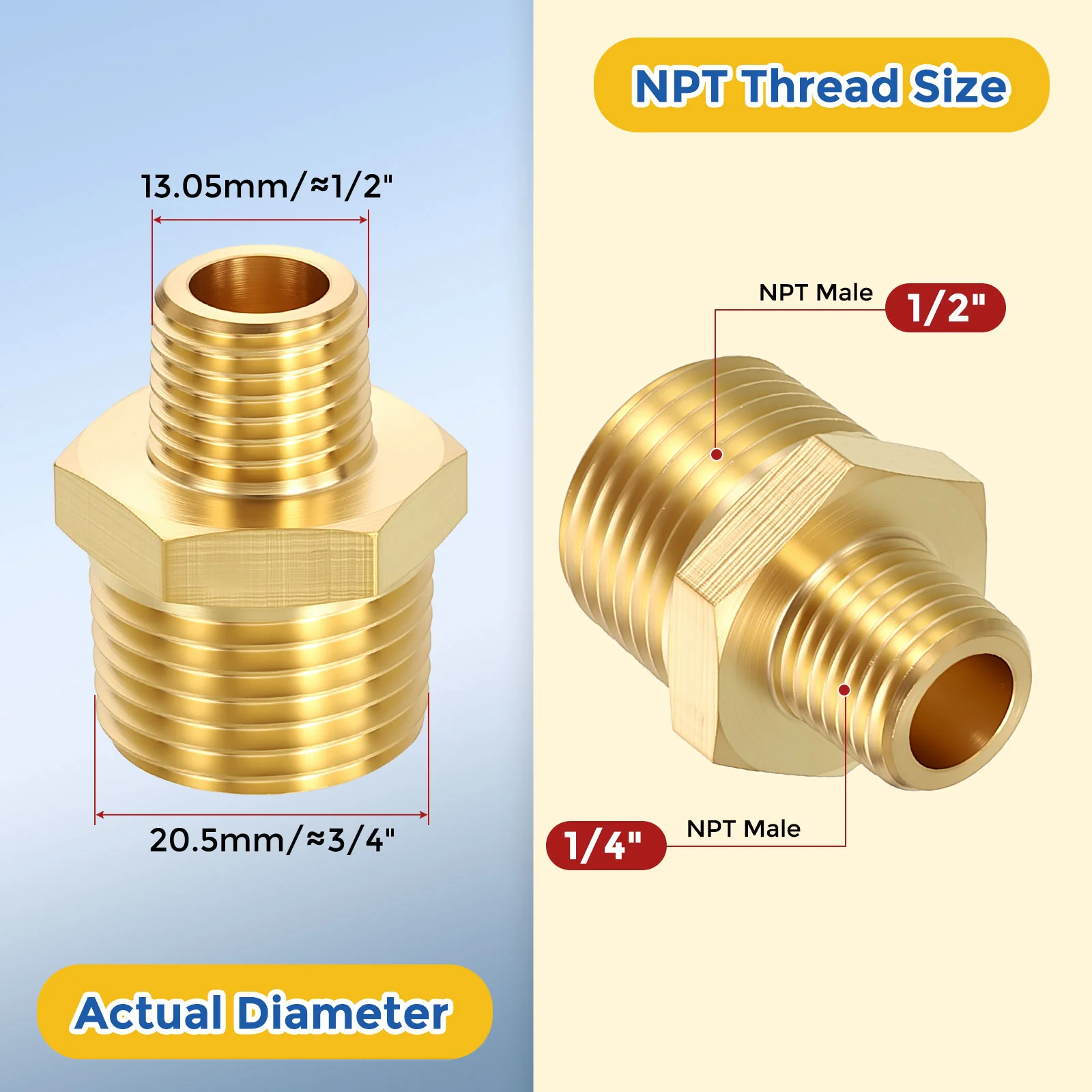 10 Pack Brass Pipe Fittings, 1/2" MNPT to 1/4" MNPT Hex Nipple W/ Sealing Tape - Image 2