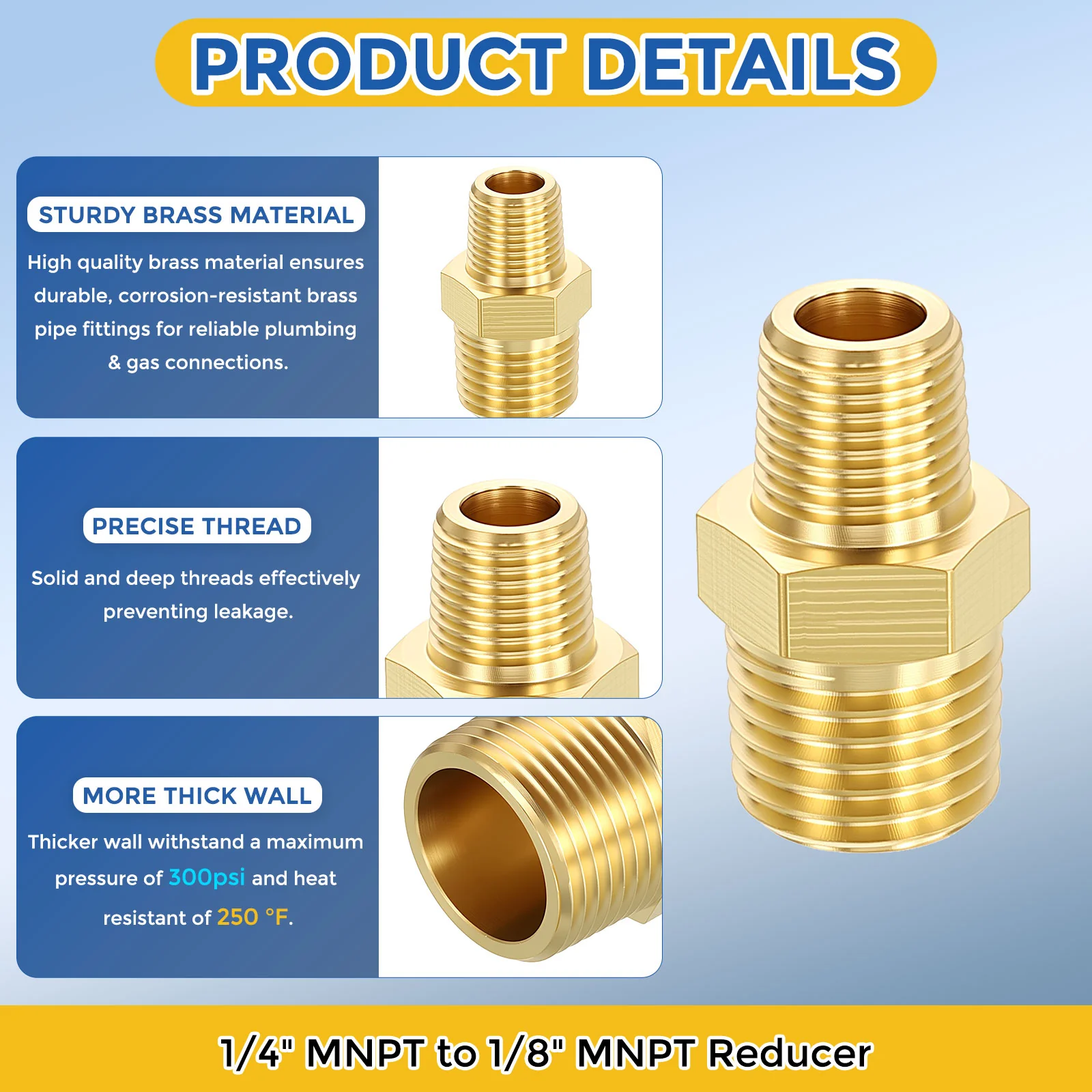 10 Pack Brass Pipe Fittings, 1/4" MNPT to 1/8" MNPT Hex Nipple W/ Sealing Tape - Image 4