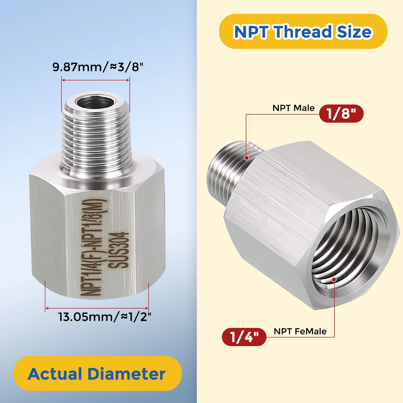 2 Pack 304 Stainless Steel Pipe Fitting, 1/4" FNPT to 1/8" MNPT Reducer - Image 2