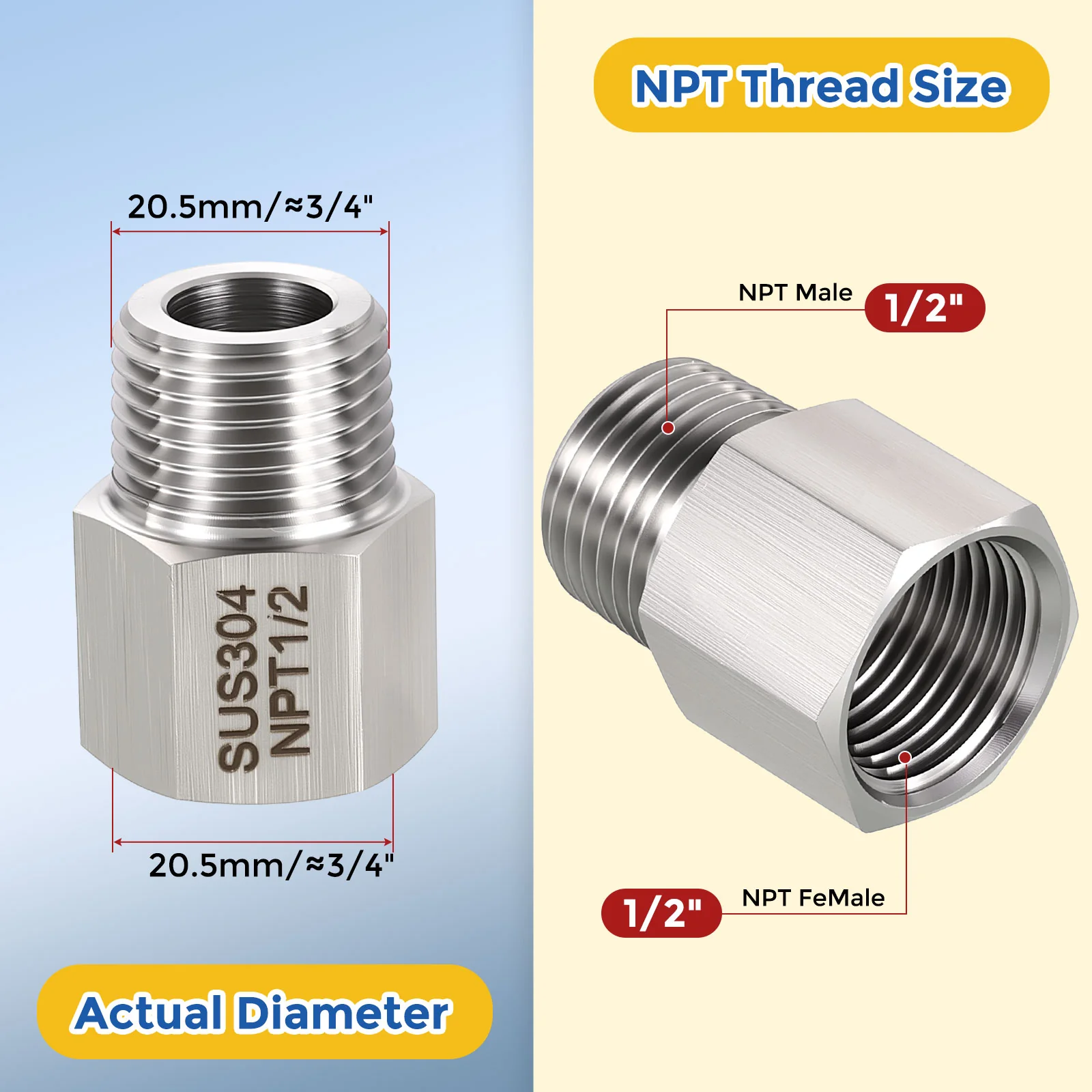 2 Pack 304 Stainless Pipe Fitting, 1/2" FNPT x 1/2" MNPT Reducer W/ Sealing Tape - Image 2