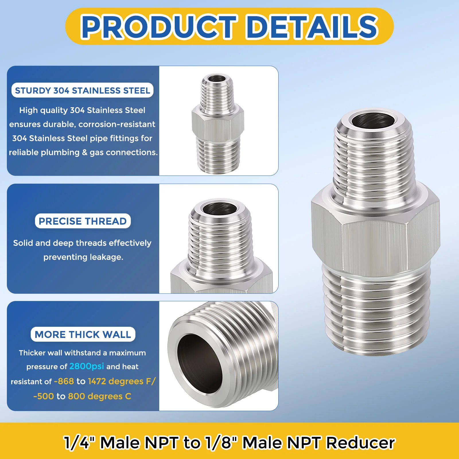 2 Packs 304 Stainless Steel Pipe Fittings,1/4" Male NPT to 1/8" Male NPT Reducer - Image 4