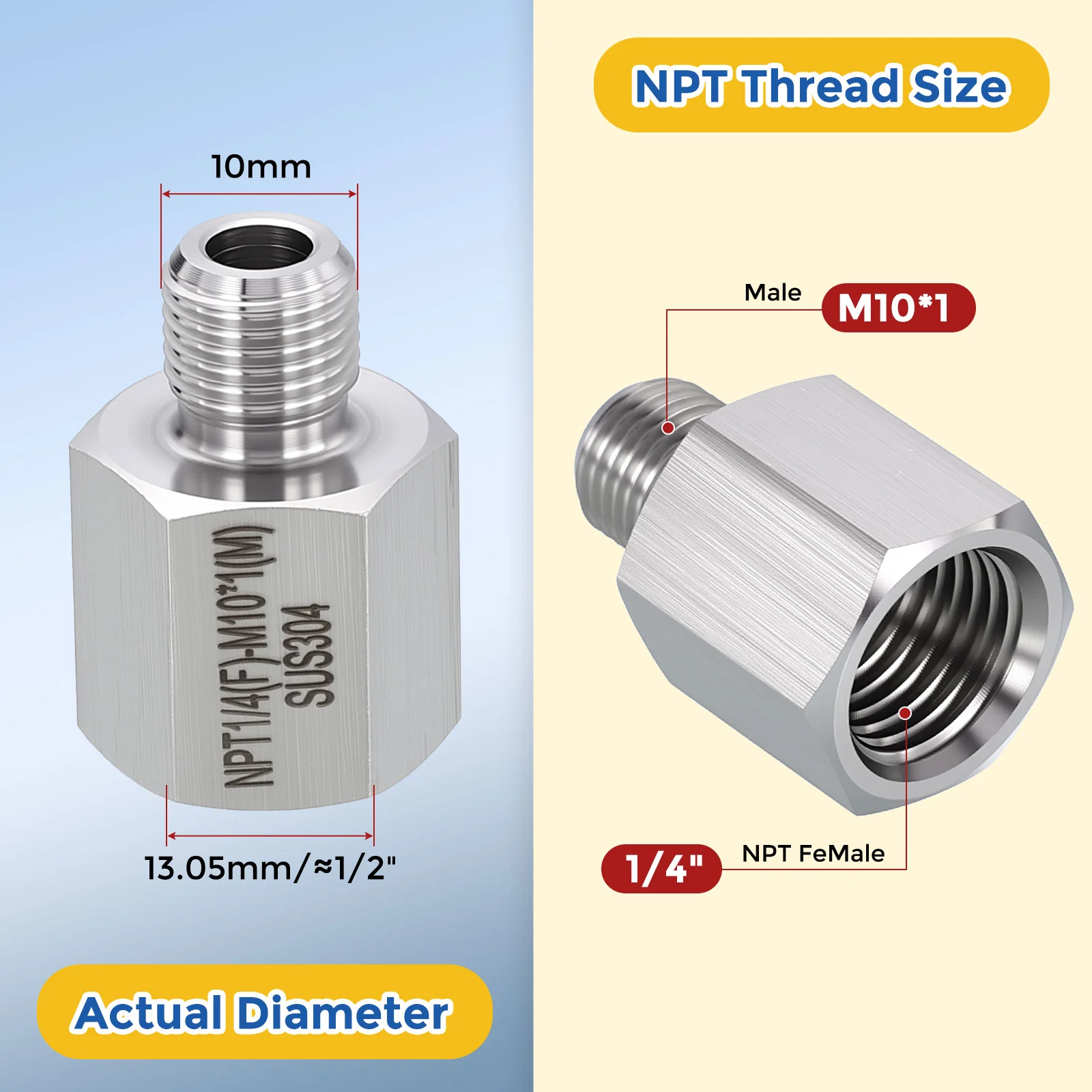 1 Pack 304 Stainless Steel Pipe Fittings, M10*1 Male to 1/4" FeMale NPT Reducers - Image 2