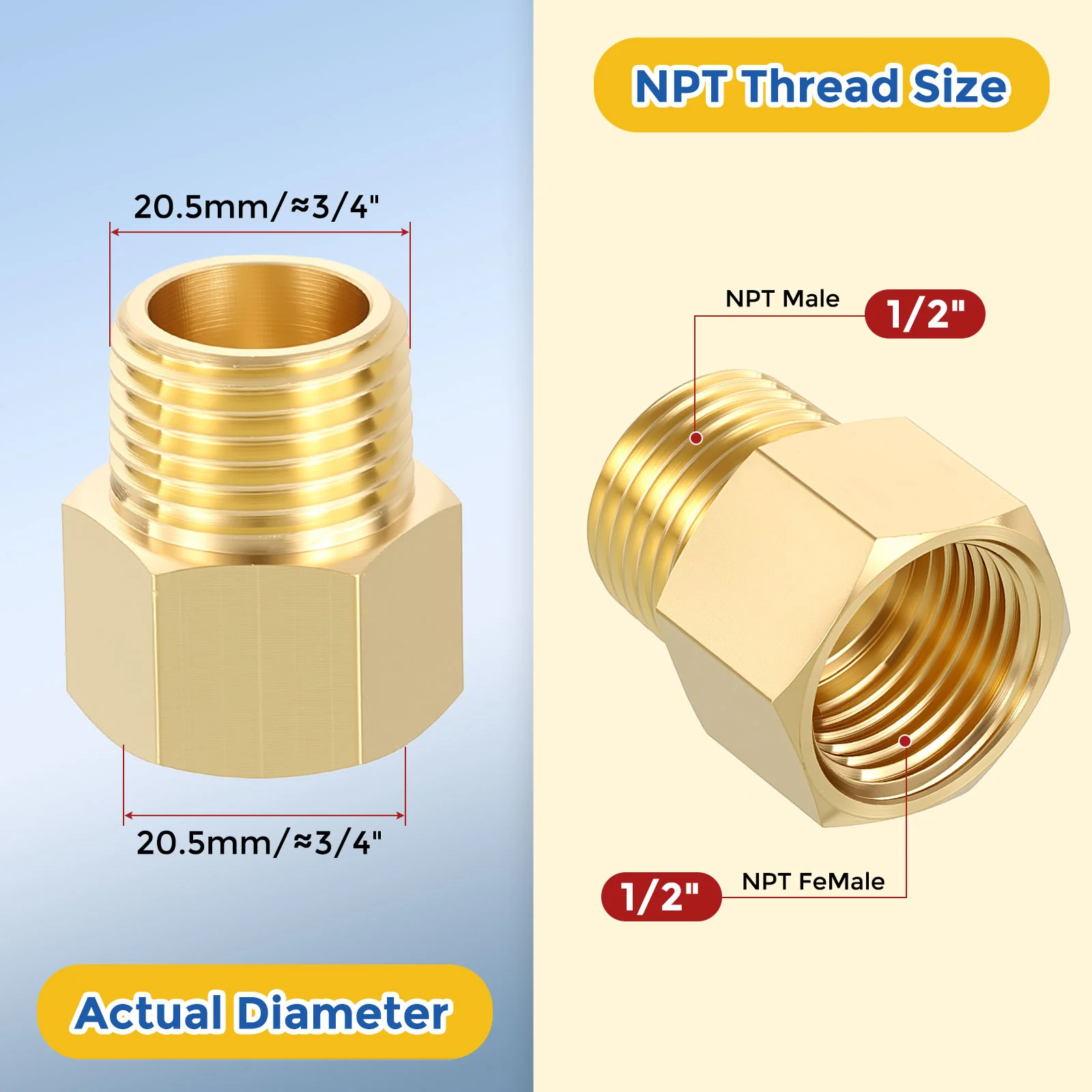 2 Pack Brass Pipe Fittings, 1/2" FNPT x 1/2" MNPT Reducer W/ Sealing Tape - Image 2