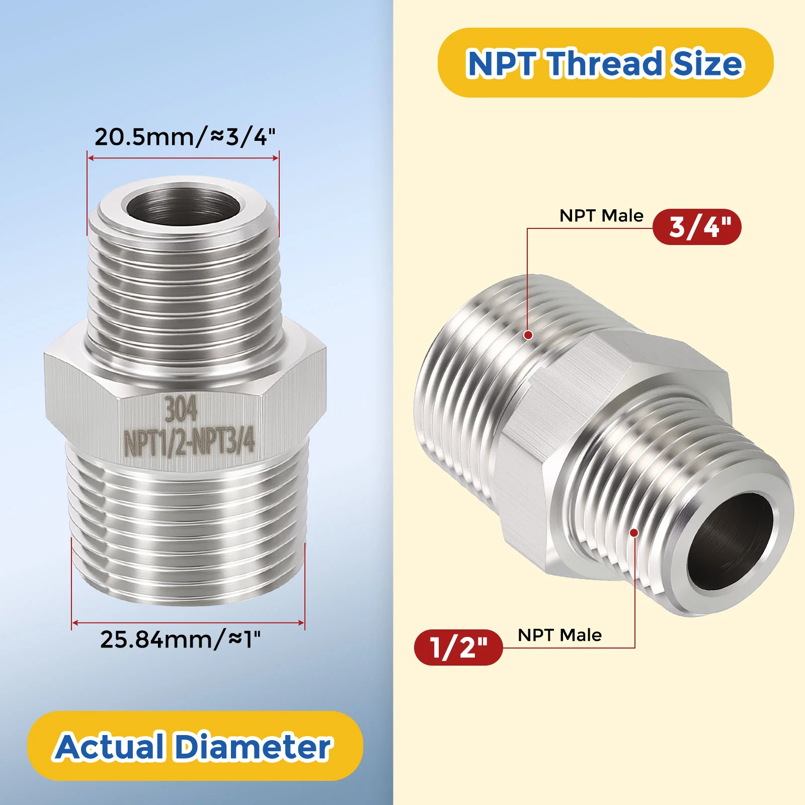 5 Pack 304 Stainless Pipe Fittings,3/4" MNPT to 1/2" MNPT Reducer W/Sealing Tape - Image 2