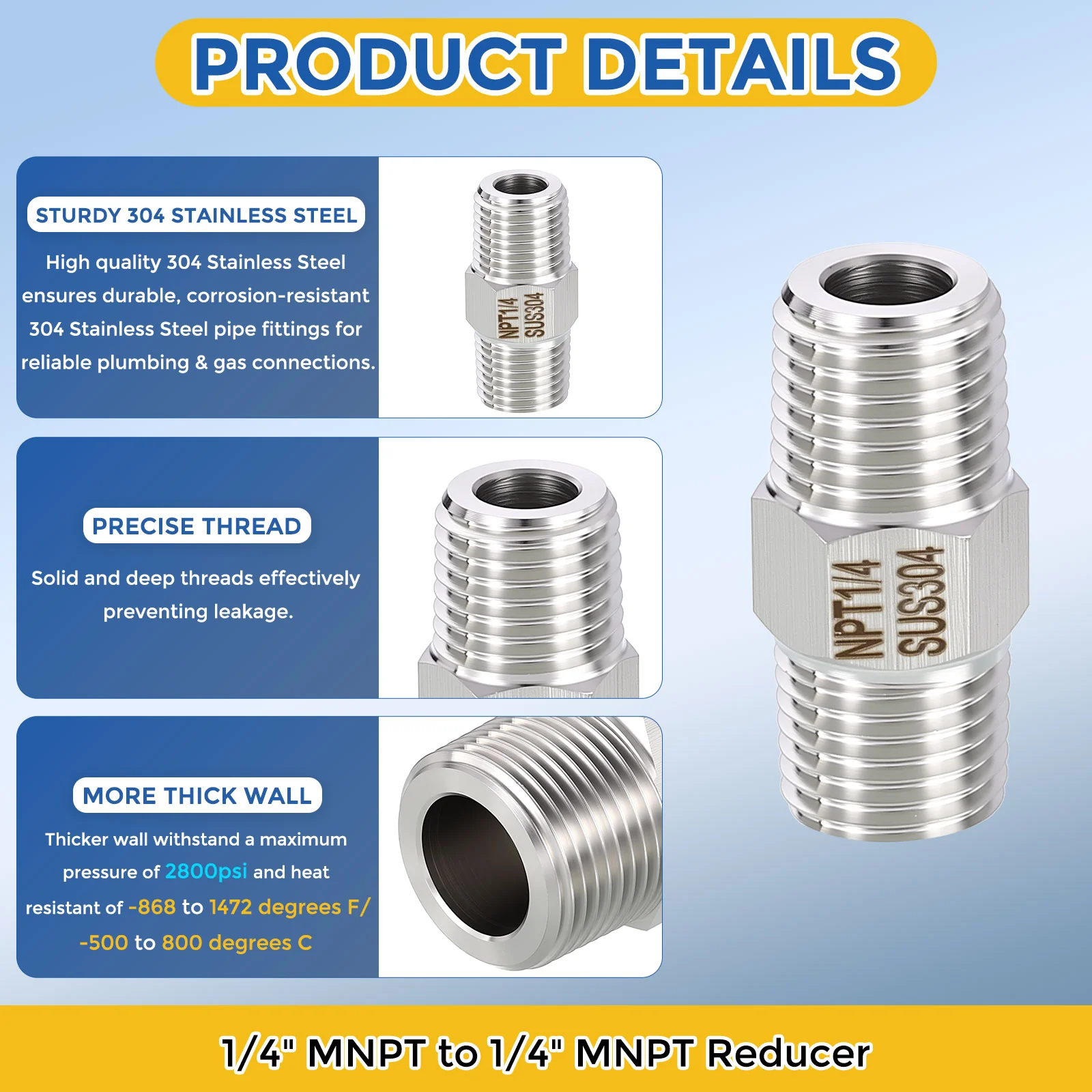 4 Pack 304 Stainless Pipe Fittings,1/4" MNPT to 1/4" MNPT Reducer W/Sealing Tape - Image 4