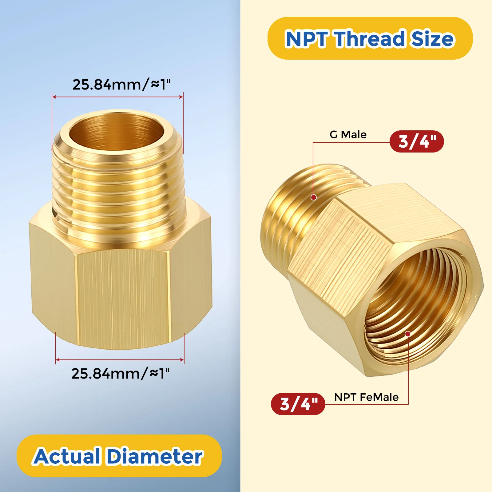 2 Pack Brass Pipe Fittings, 3/4" FeMale G to 3/4" Male G Reducer - Image 2