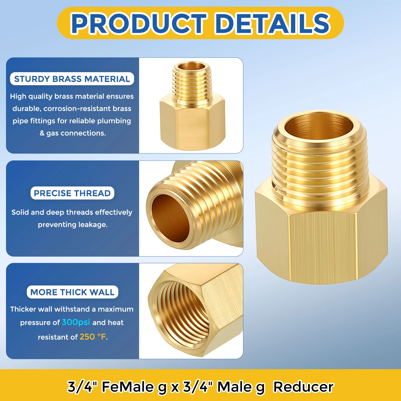 2 Pack Brass Pipe Fittings, 3/4" FeMale G to 3/4" Male G Reducer - Image 4