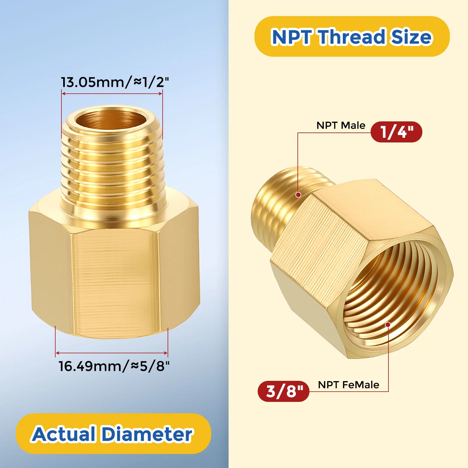 5 Pack Brass Pipe Fittings, 3/8" FNPT x 1/4" MNPT Reducer W/ Sealing Tape - Image 2