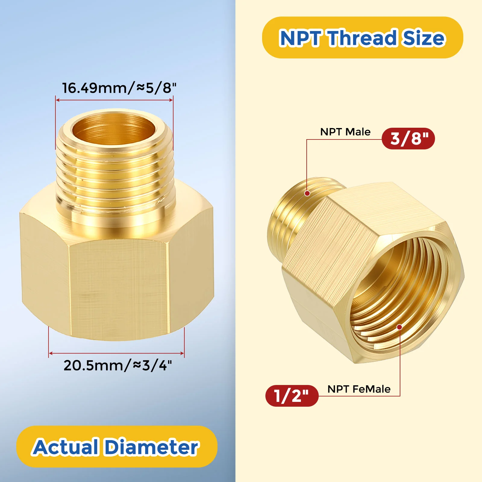 2 Pack Brass Pipe Fittings, 1/2" FNPT x 3/8" MNPT Reducer W/ Sealing Tape - Image 2