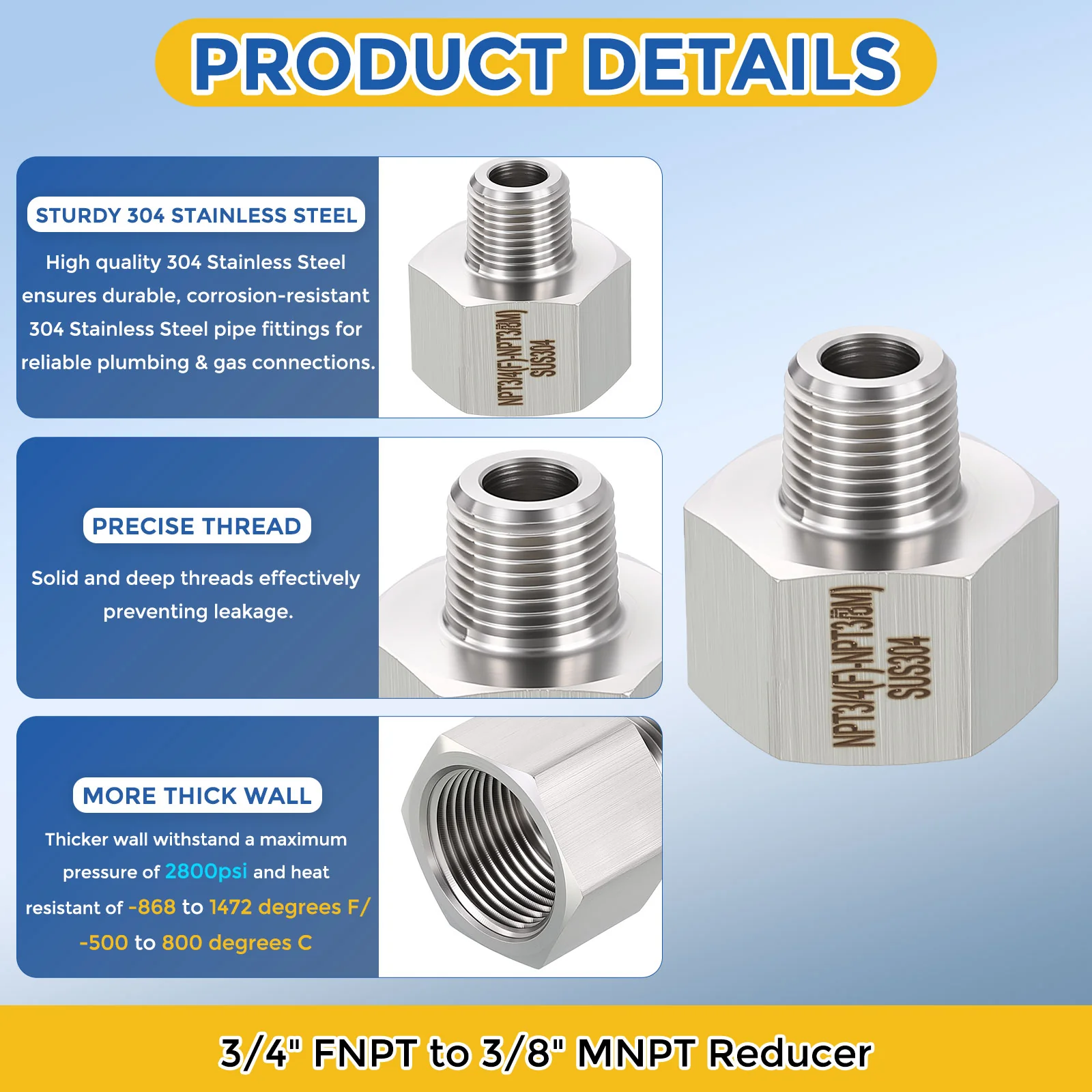 5 Pack 304 Stainless Pipe Fitting, 3/4" FNPT x 3/8" MNPT Reducer W/ Sealing Tape - Image 4