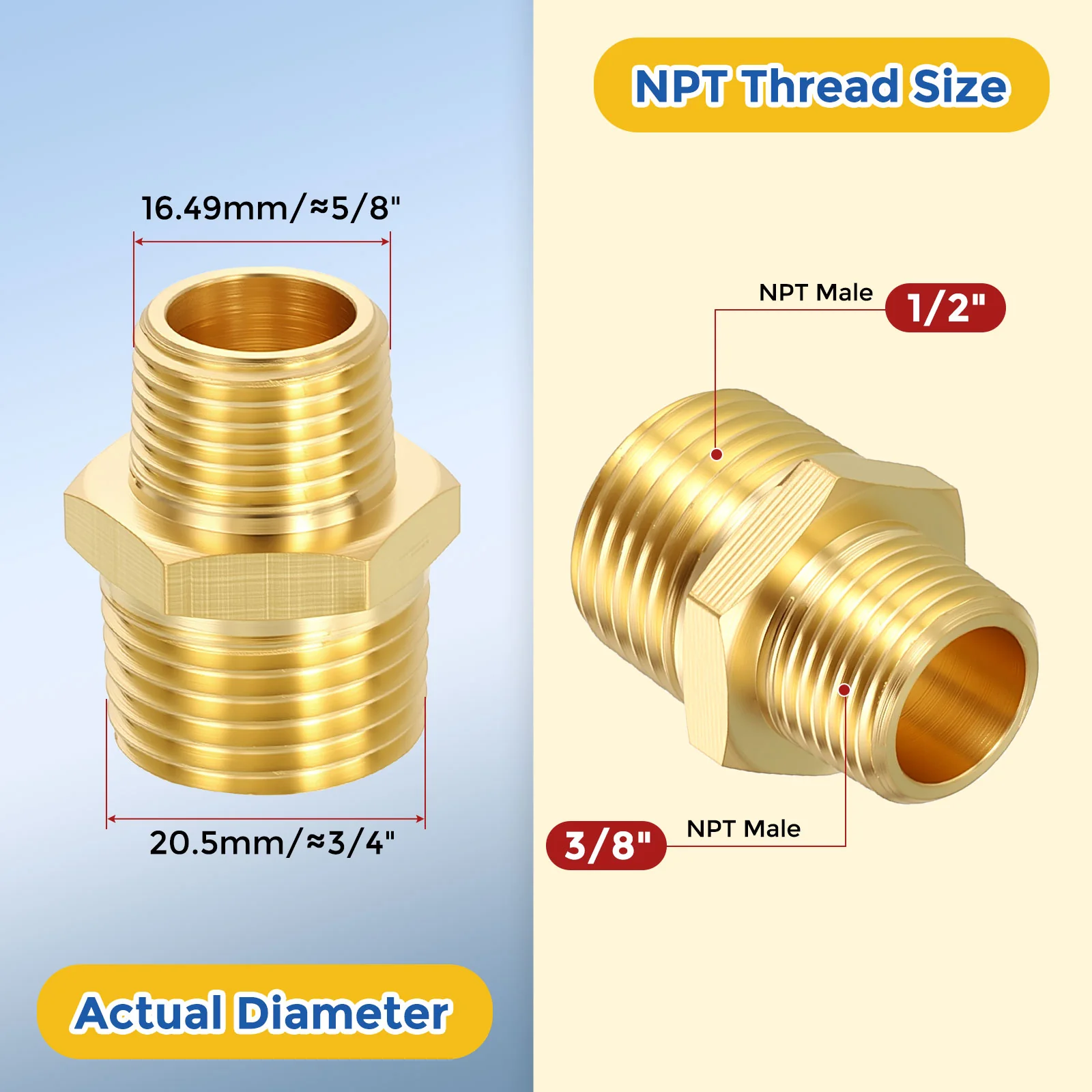8 Pack Brass Pipe Fittings, 1/2" MNPT to 3/8" MNPT Hex Nipple W/ Sealing Tape - Image 2