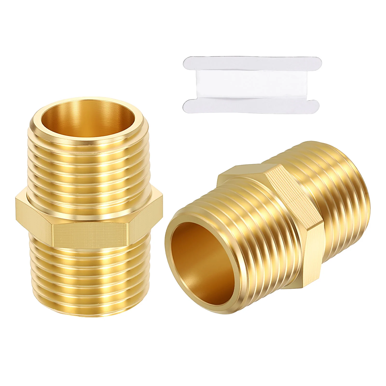 2 Pack Brass Pipe Fittings, 1/2" MNPT to 1/2" MNPT Hex Nipple W/ Sealing Tape