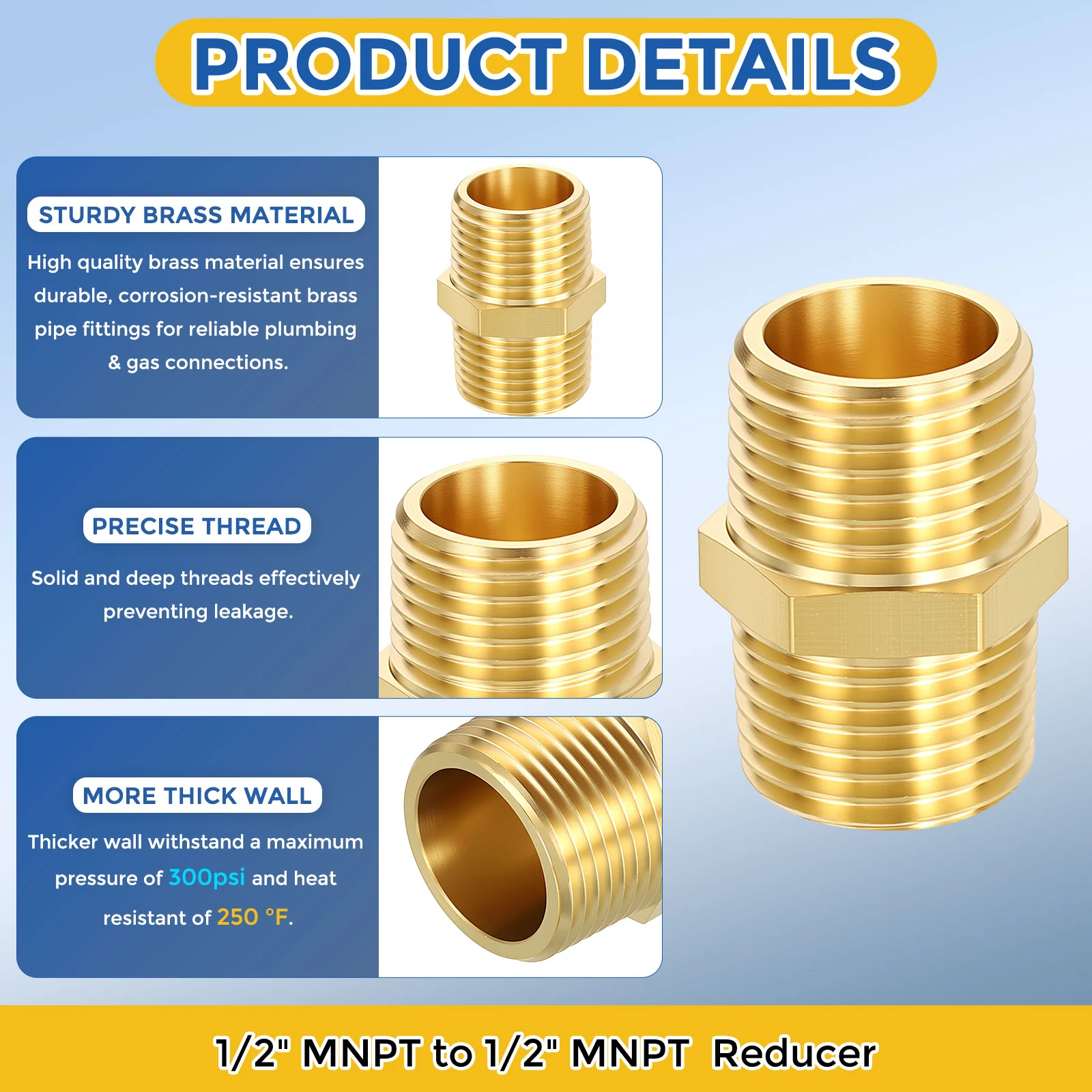2 Pack Brass Pipe Fittings, 1/2" MNPT to 1/2" MNPT Hex Nipple W/ Sealing Tape - Image 4