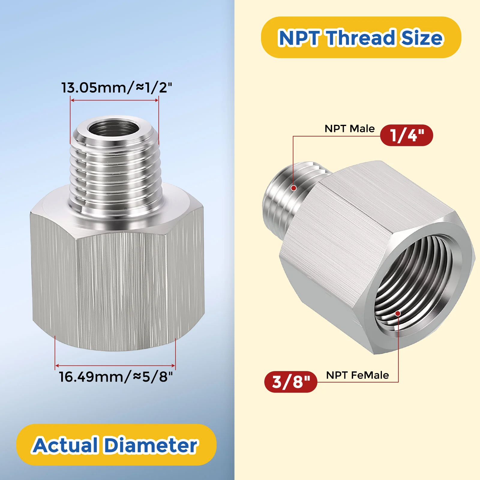 2 Pack 304 Stainless Pipe Fitting, 3/8" FNPT x 1/4" MNPT Reducer W/ Sealing Tape - Image 2