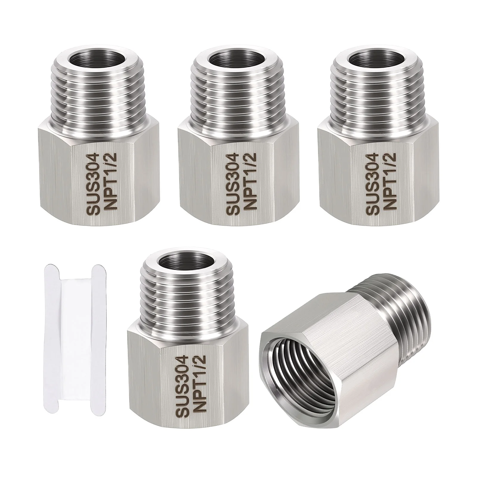 5 Pack 304 Stainless Pipe Fitting, 1/2" FNPT x 1/2" MNPT Reducer W/ Sealing Tape
