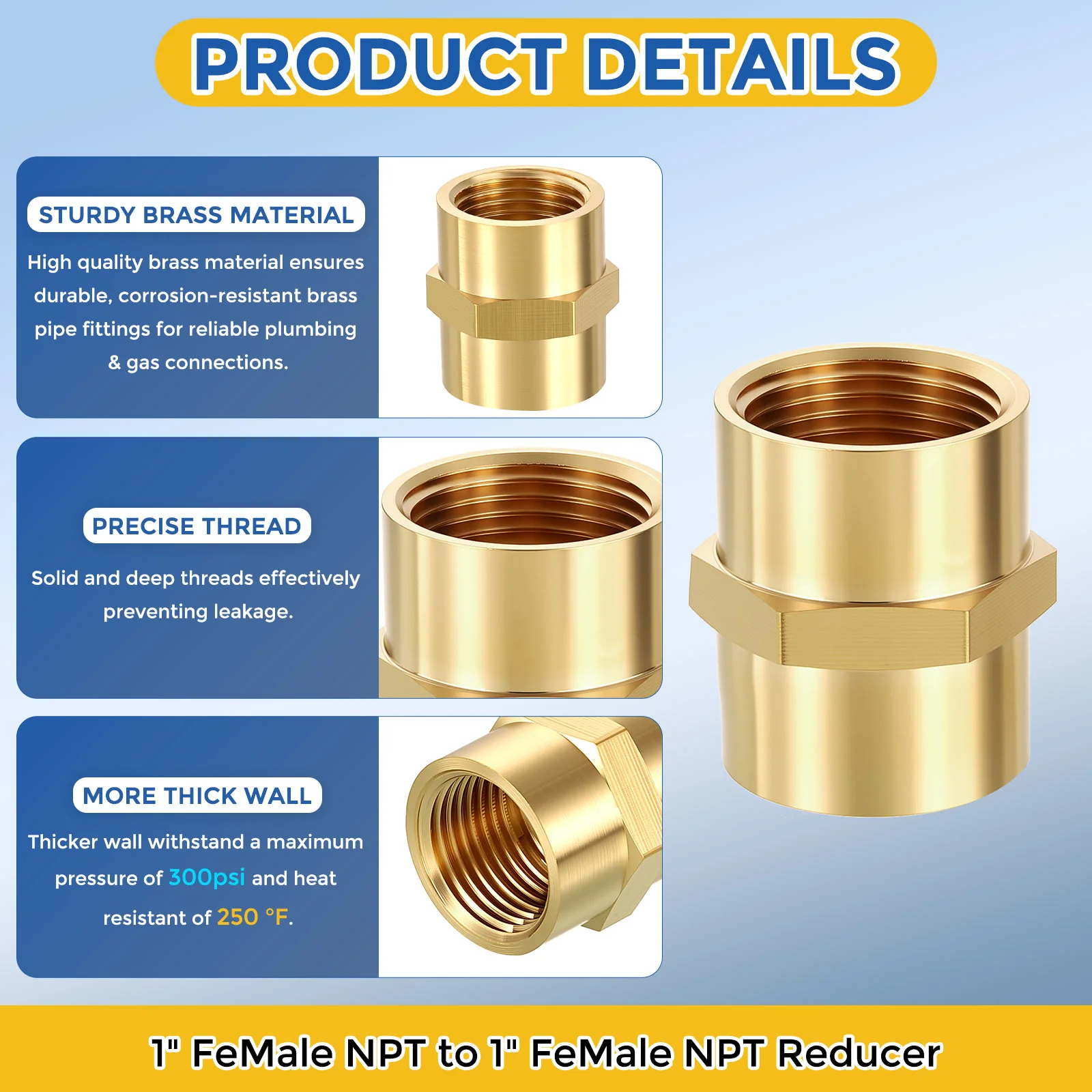 3 Pack Brass Pipe Fittings, 1" FeMale NPT to 1" FeMale NPT Reducer - Image 4