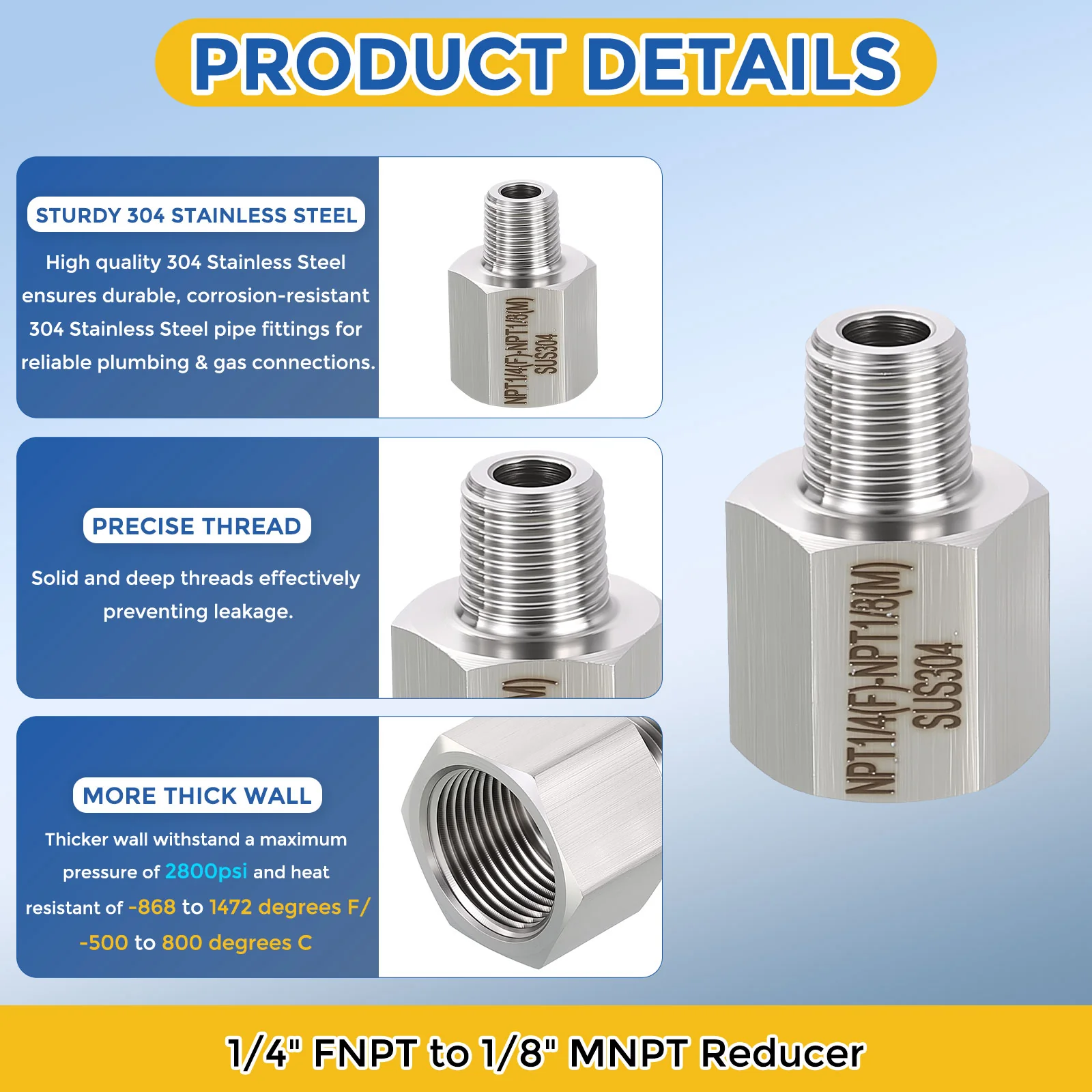 1 Pack 304 Stainless Steel Pipe Fitting, 1/4" FNPT to 1/8" MNPT Reducer - Image 4