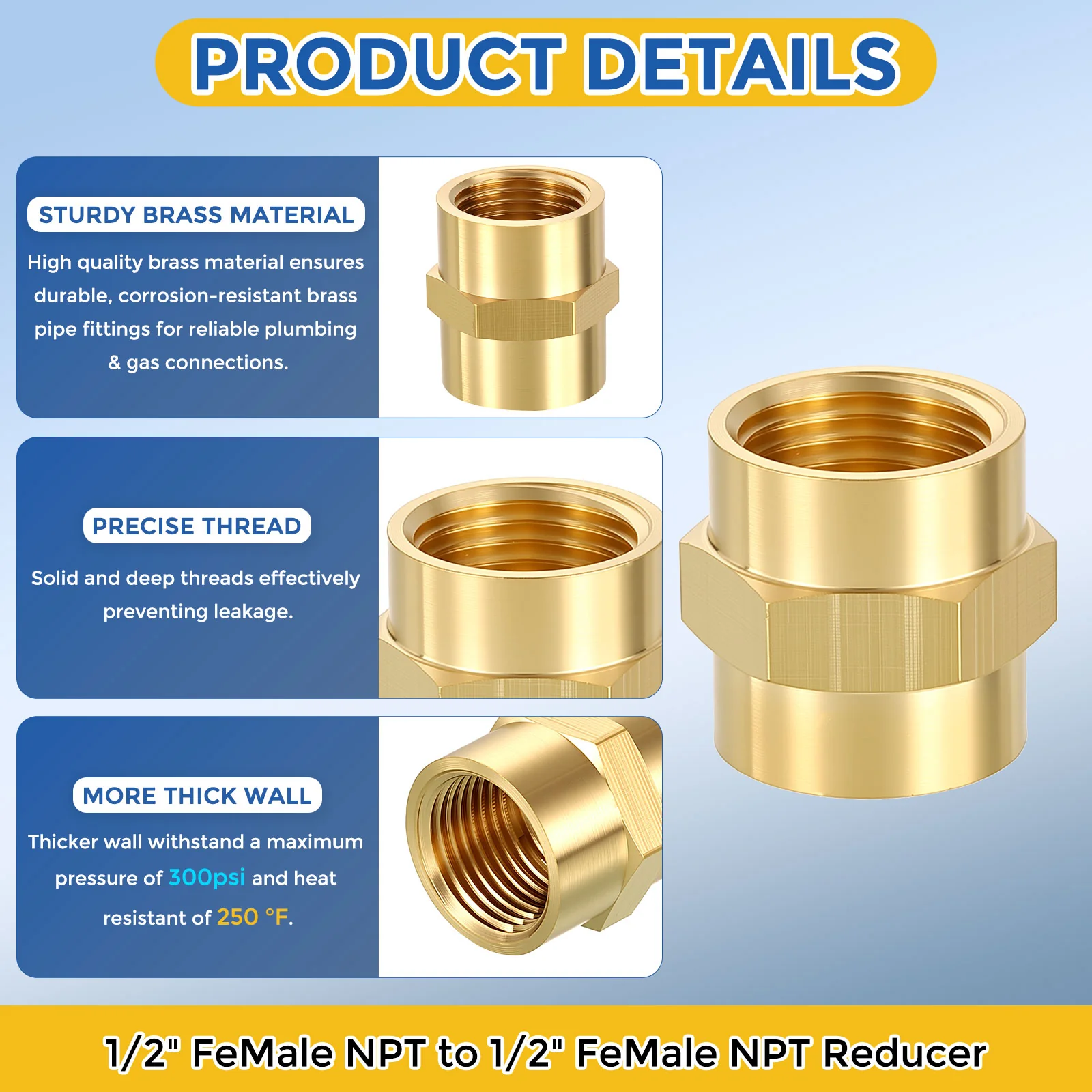 6 Pack Brass Pipe Fittings, 1/2" FeMale NPT to 1/2" FeMale NPT Reducer - Image 4