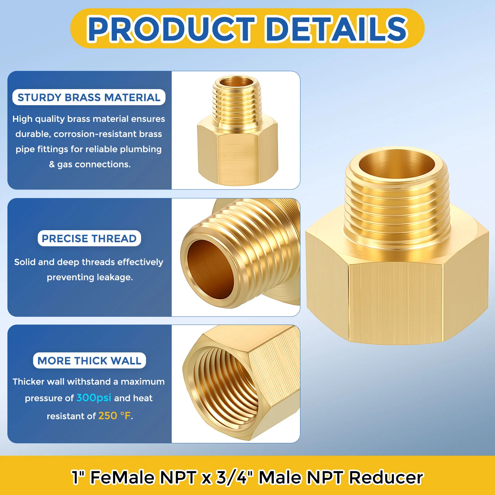 3 Pack Brass Pipe Fittings, 1" FeMale NPT to 3/4" Male NPT Reducer - Image 4