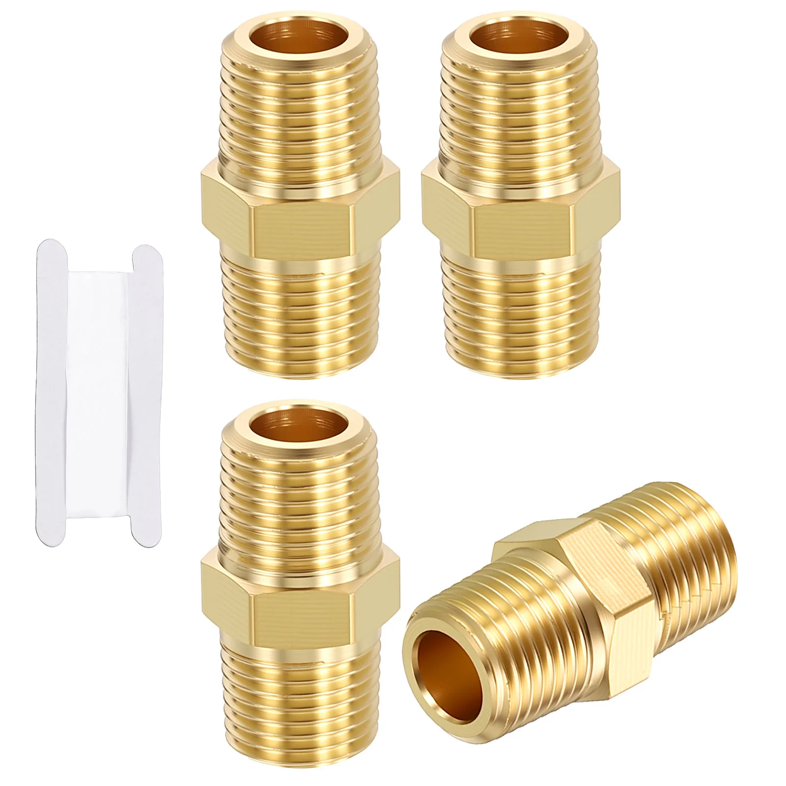 4 Pack Brass Pipe Fittings, 1/8" MNPT to 1/8" MNPT Hex Nipple W/ Sealing Tape