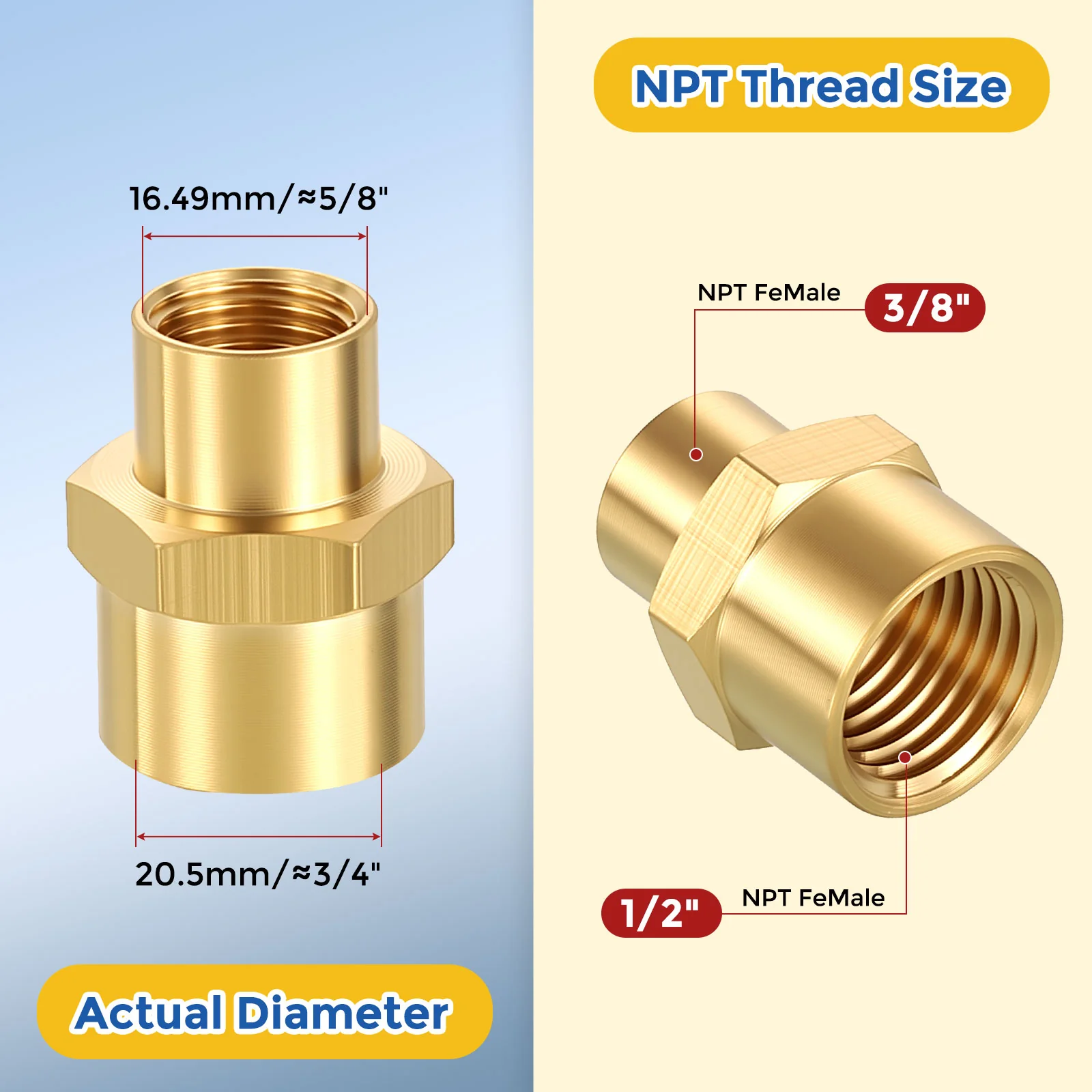 5 Pack Brass Pipe Fittings, 1/2" FNPT to 3/8" FNPT Reducer W/ Sealing Tape - Image 2