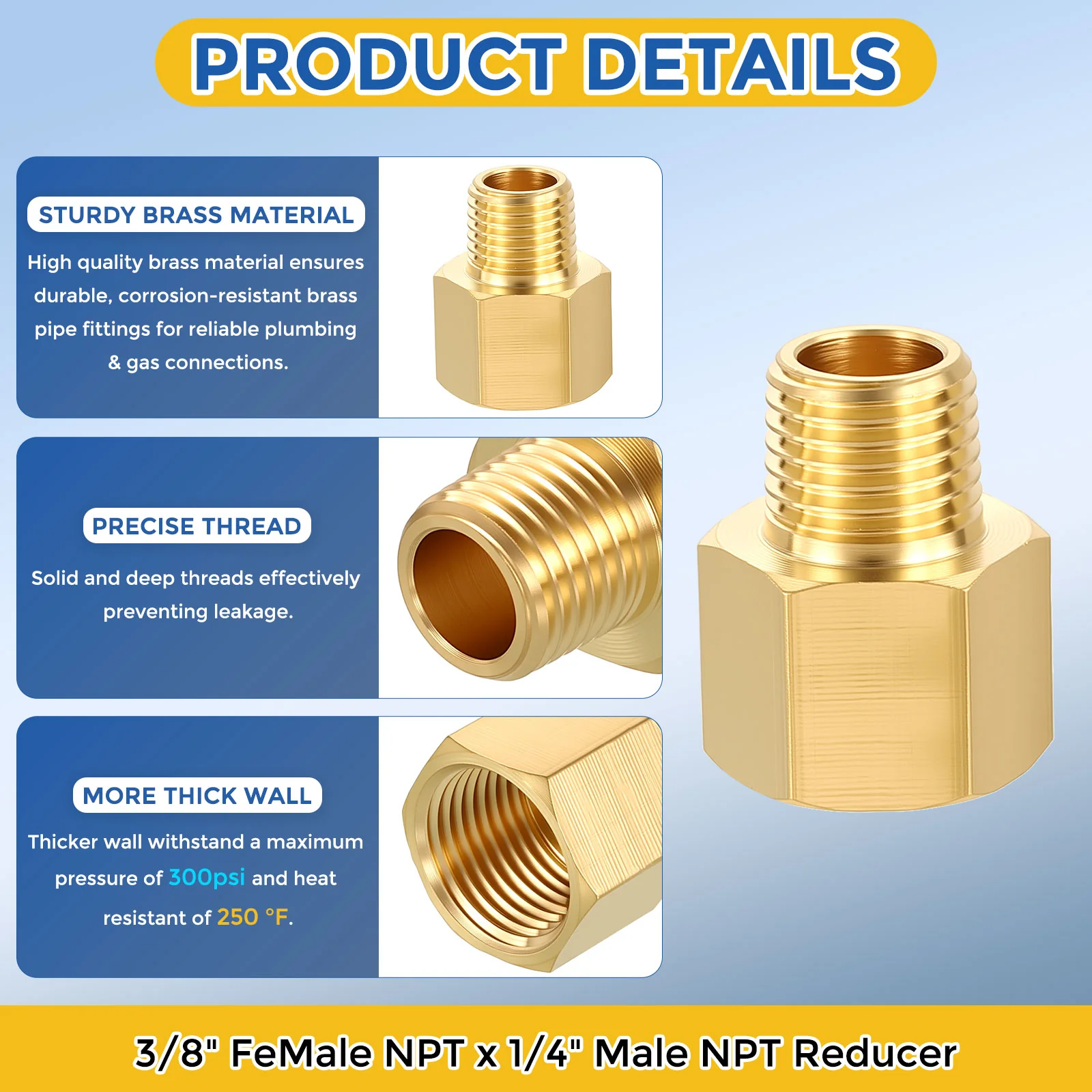 12 Pack Brass Pipe Fittings, 3/8" FeMale NPT to 1/4" Male NPT Reducer - Image 4