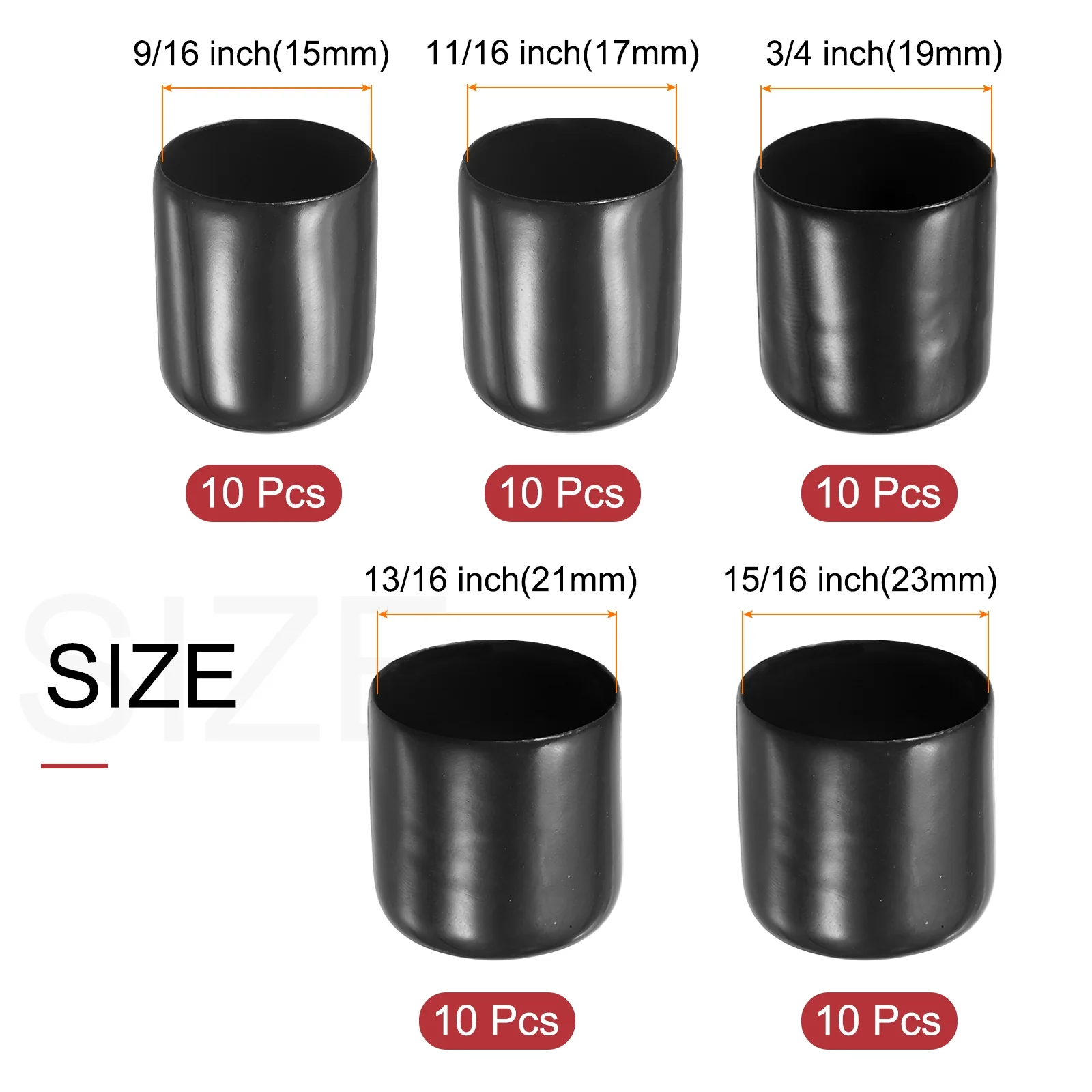 Uxcell 50pcs Round Rubber End Caps Protective Caps 15mm 17mm 19mm 21mm 23mm - Image 2