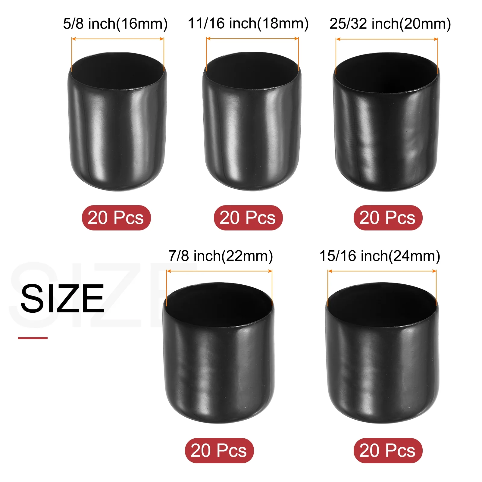 Uxcell 100pcs Round Rubber End Caps Protective Caps 16mm 18mm 20mm 22mm 24mm - Image 2
