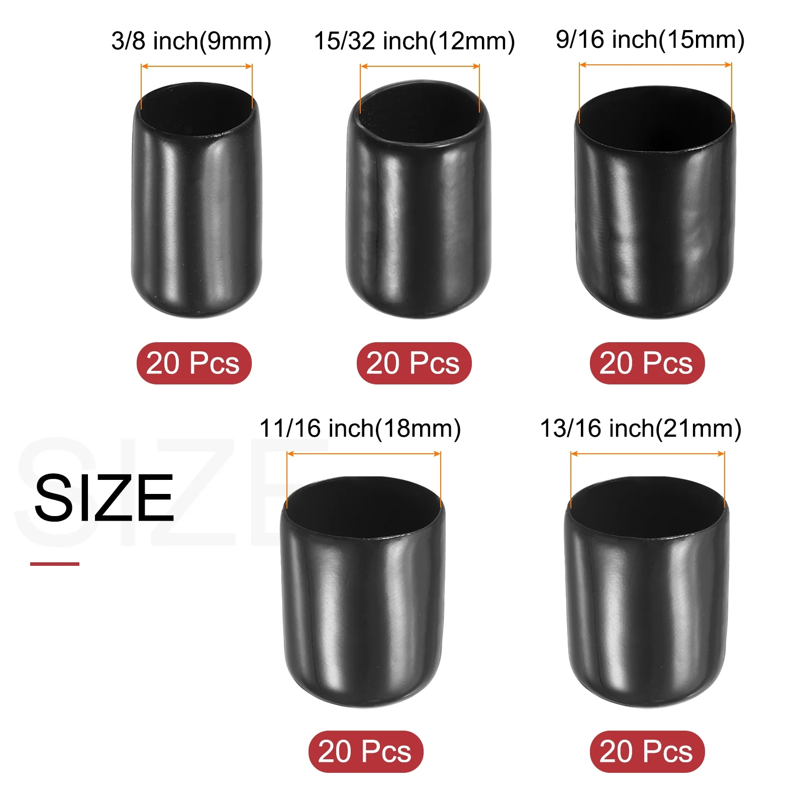 Uxcell 100pcs Round Rubber End Caps Protective Caps 9mm 12mm 15mm 18mm 21mm - Image 2