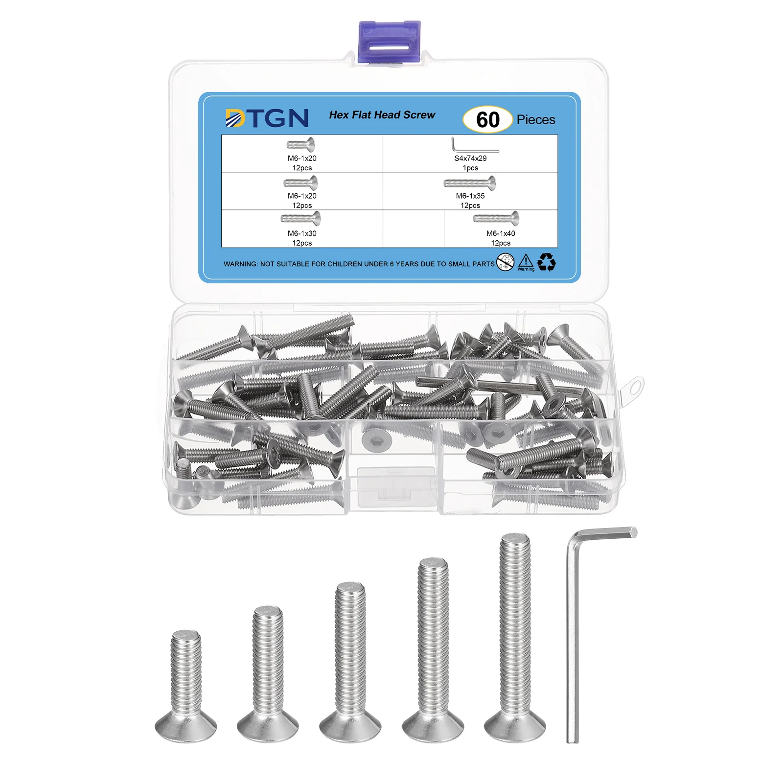60Pcs M6 x 20m to 40mm Flat Hex Head Socket Cap Screws Bolts Kit with Wrench