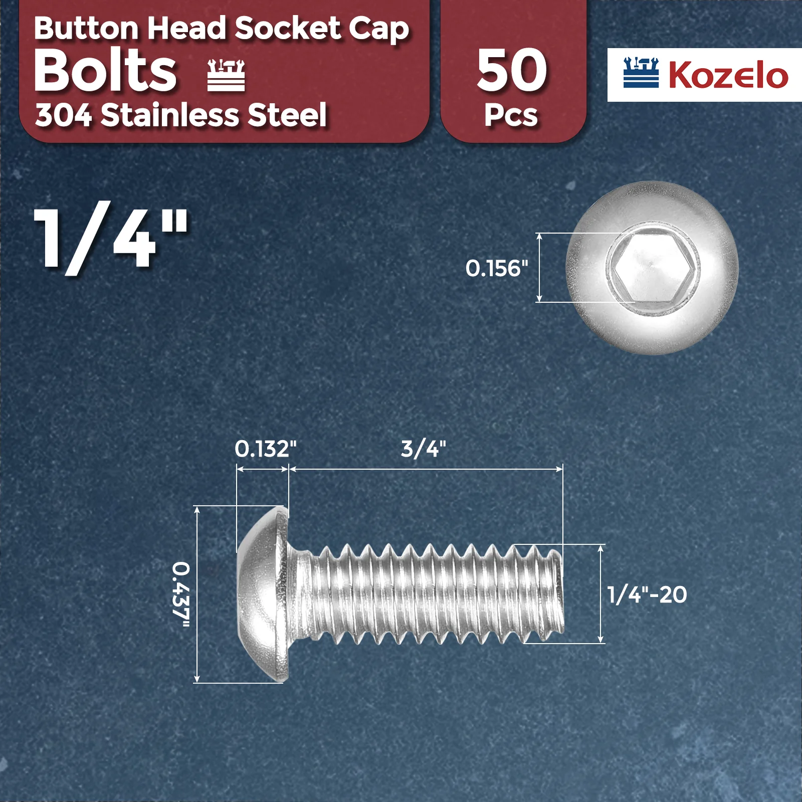50Pcs Button Head Socket Cap Screws 1/4"-20x3/4" Stainless Steel Silver - Image 2