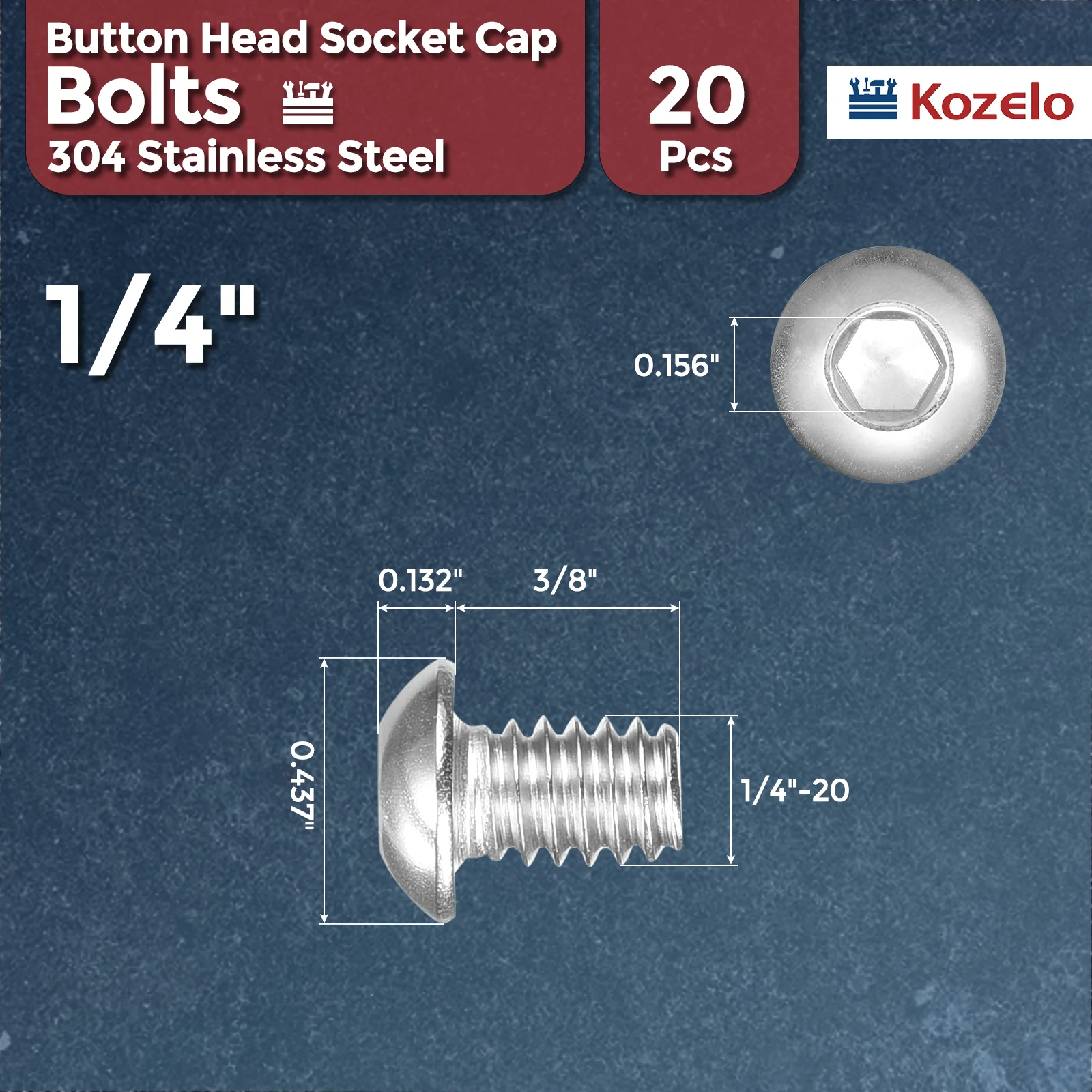 20Pcs Button Head Socket Cap Screws 1/4"-20x3/8" Stainless Steel Silver - Image 2