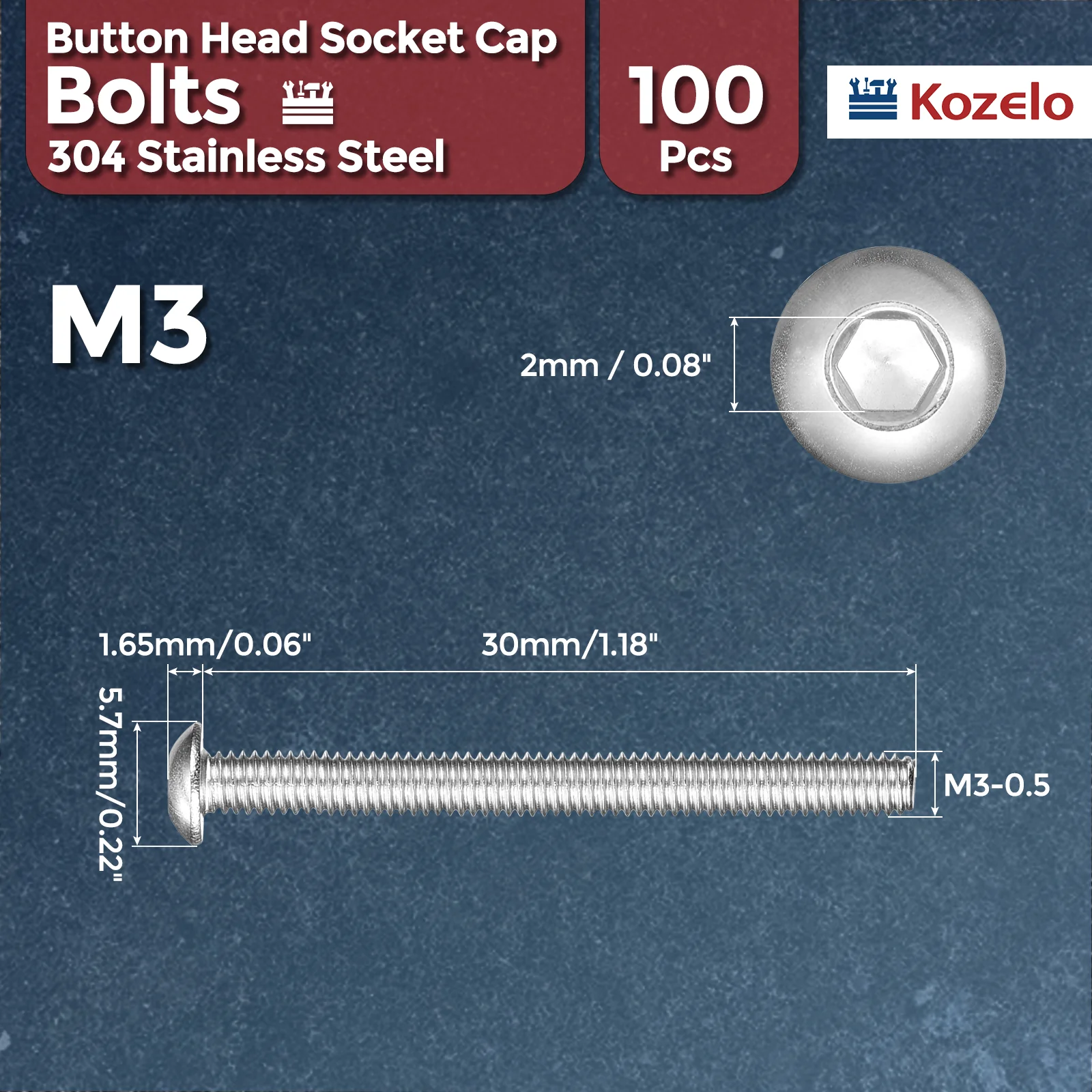 100Pcs Button Head Socket Cap Screws M3-0.5x30mm Stainless Steel Silver - Image 2