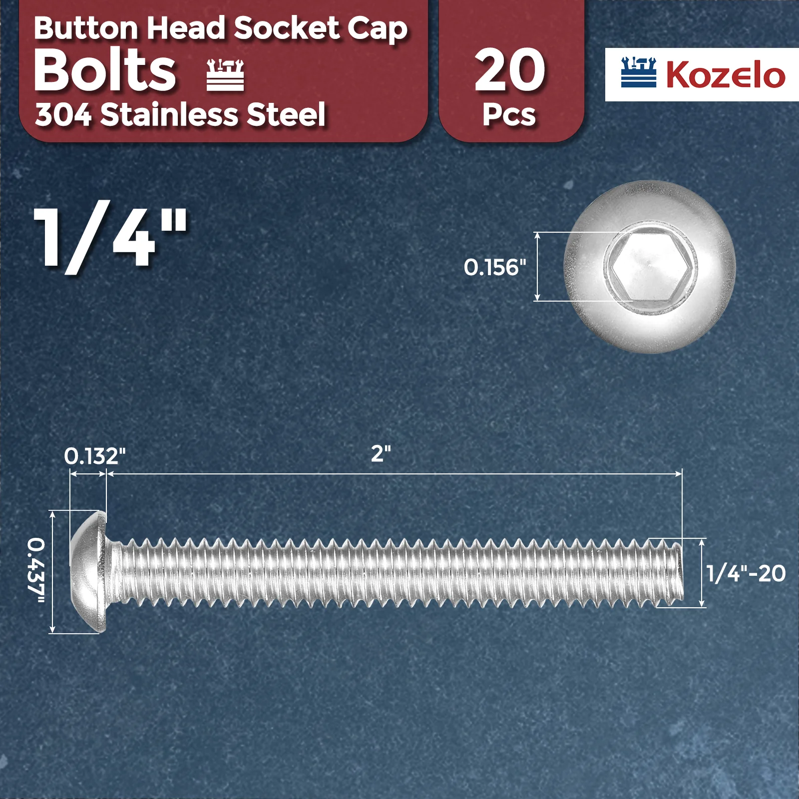 20Pcs Button Head Socket Cap Screws 1/4"-20x2" Stainless Steel Silver - Image 2