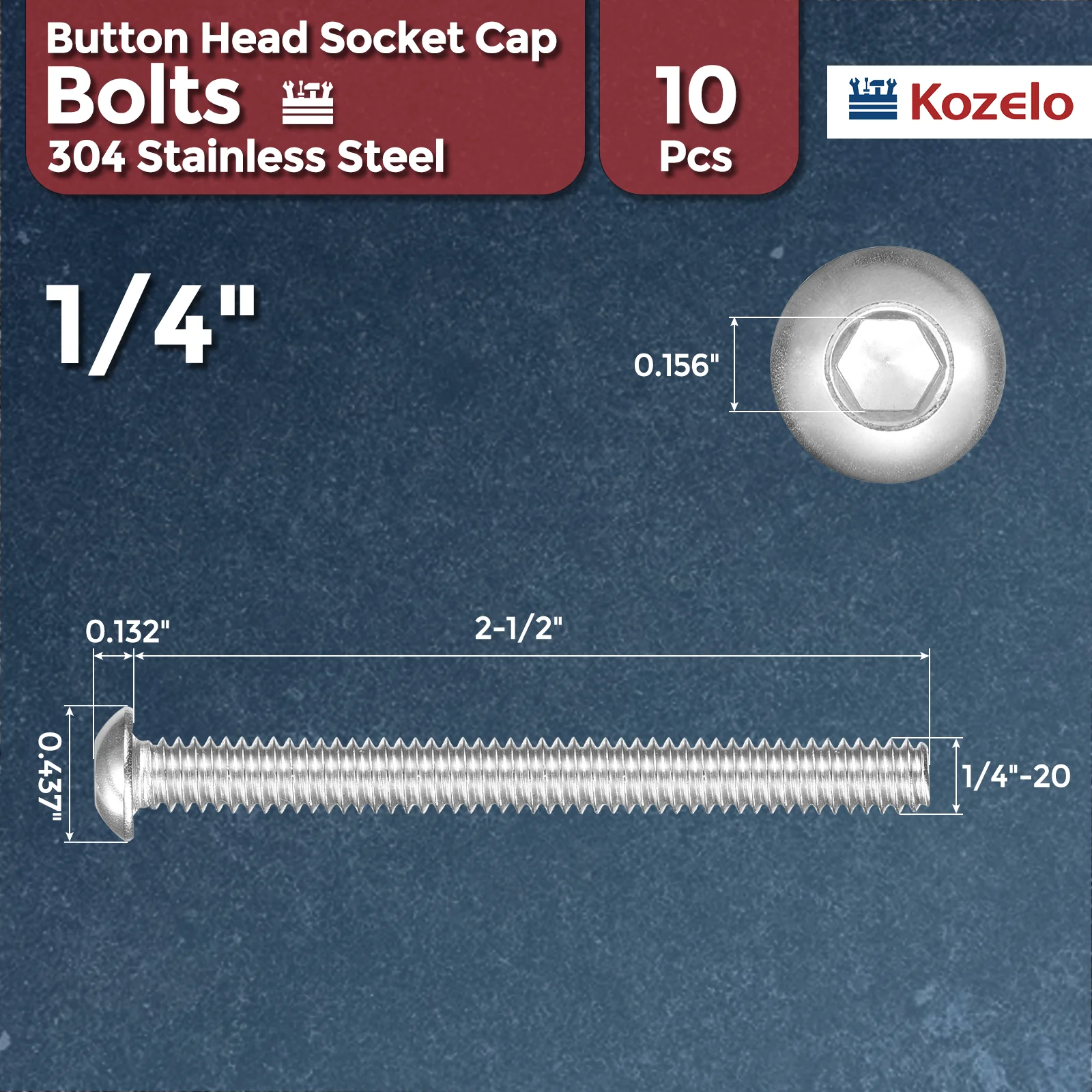 10Pcs Button Head Socket Cap Screws 1/4"-20x2-1/2" Stainless Steel Silver - Image 2