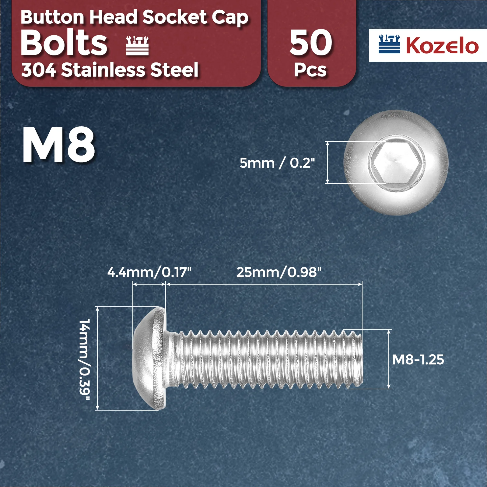 50Pcs Button Head Socket Cap Screws M8-1.25x25mm Stainless Steel Silver - Image 2