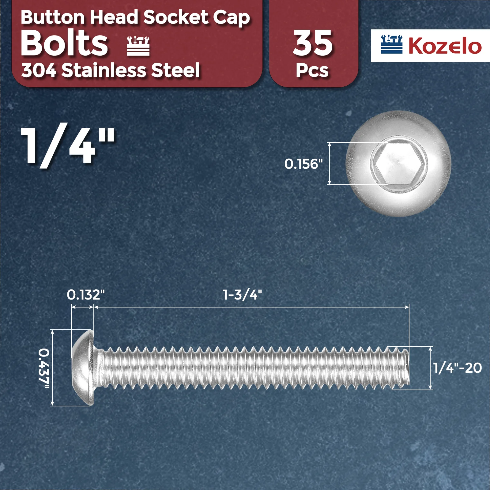 35Pcs Button Head Socket Cap Screws 1/4"-20x1-3/4" Stainless Steel Silver - Image 2
