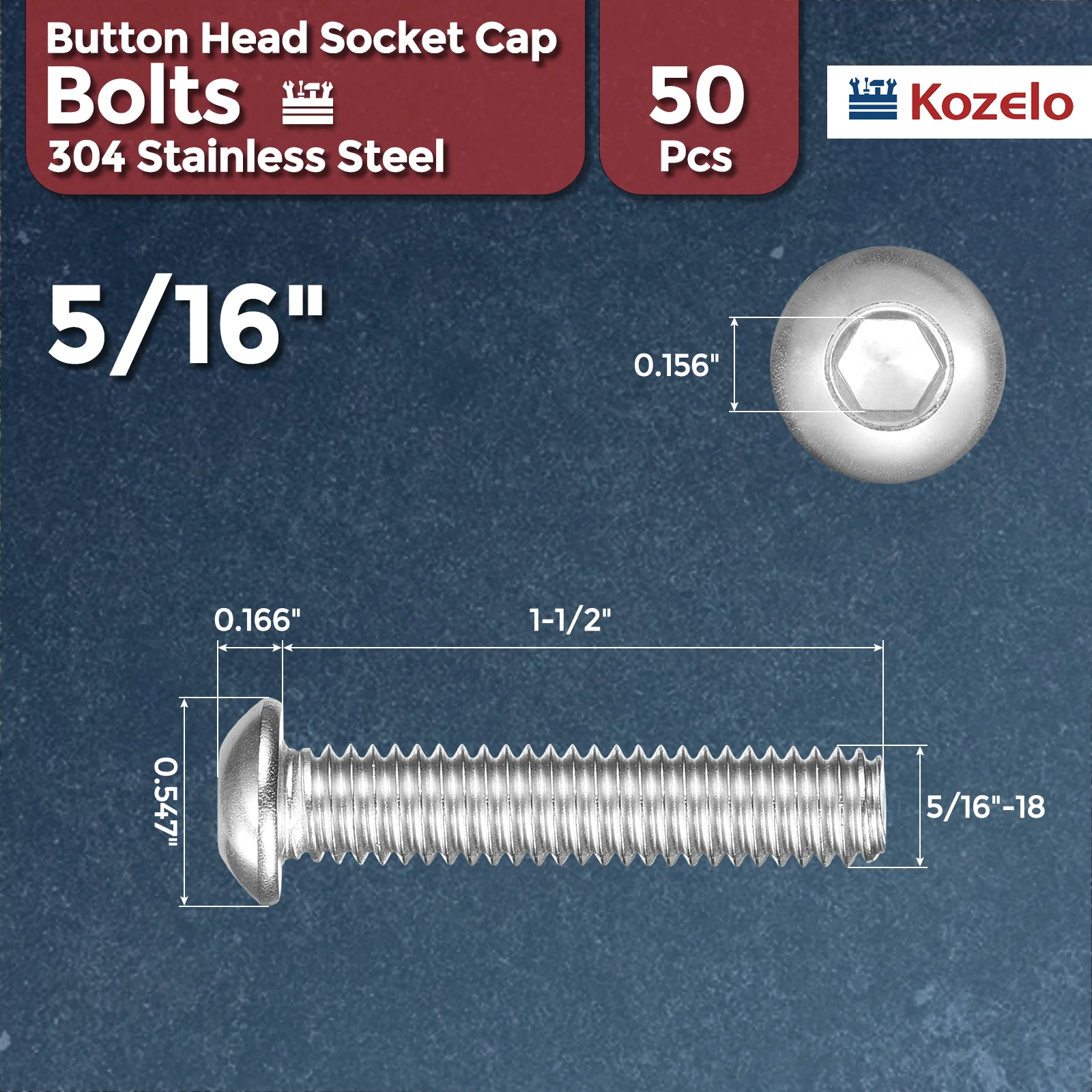 50Pcs Button Head Socket Cap Screws 5/16"-18x1-1/2" Stainless Steel Silver - Image 2