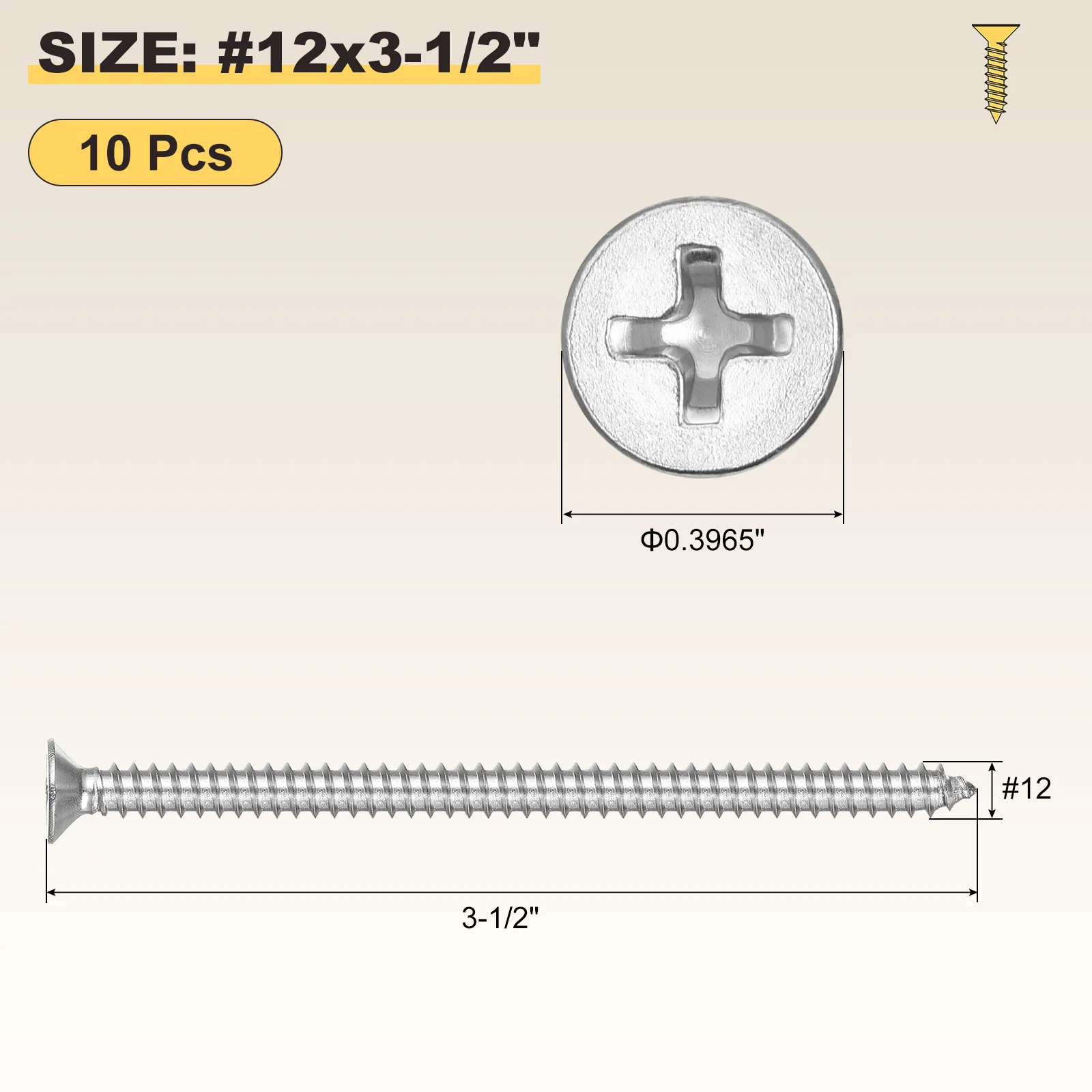 Cross Recessed Wood Screw (#12x3-1/2") 25Pcs, 304 Stainless Steel, Silver - Image 2