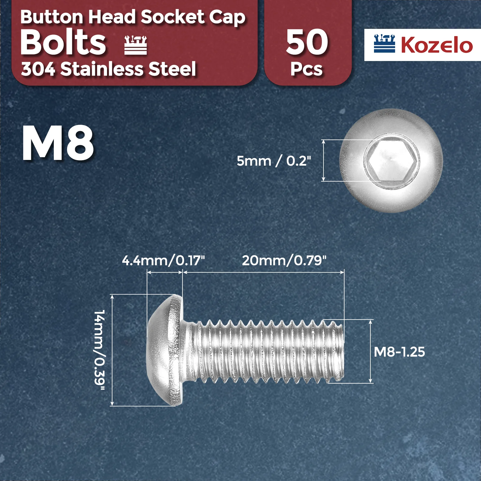 50Pcs Button Head Socket Cap Screws M8-1.25x20mm Stainless Steel Silver - Image 2